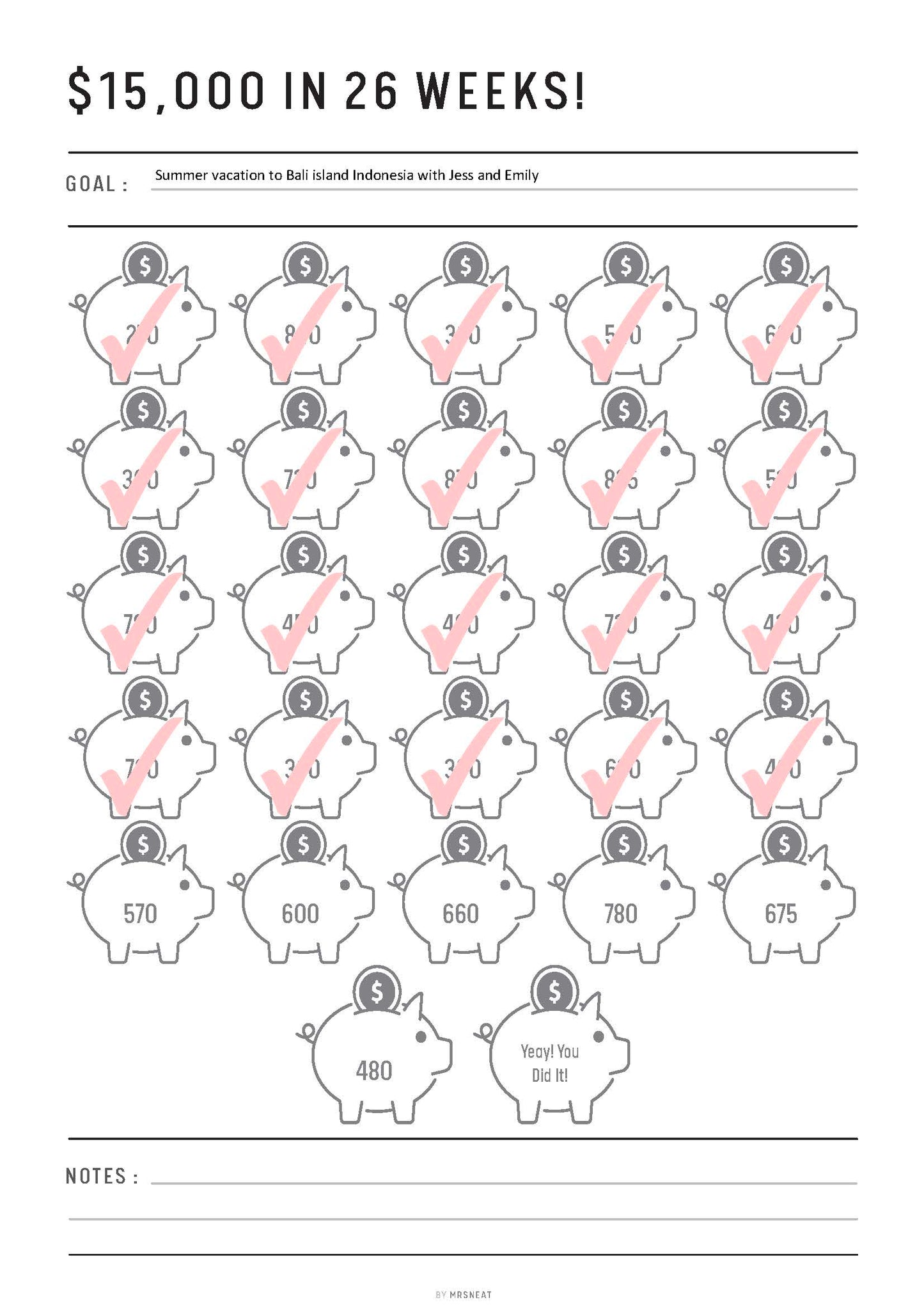 15,000 Money Saving Challenge Printable in 26 Weeks, Piggy Bank Template, Fillable Savings Tracker Page, PDF, A4, A5, Letter, Half Letter