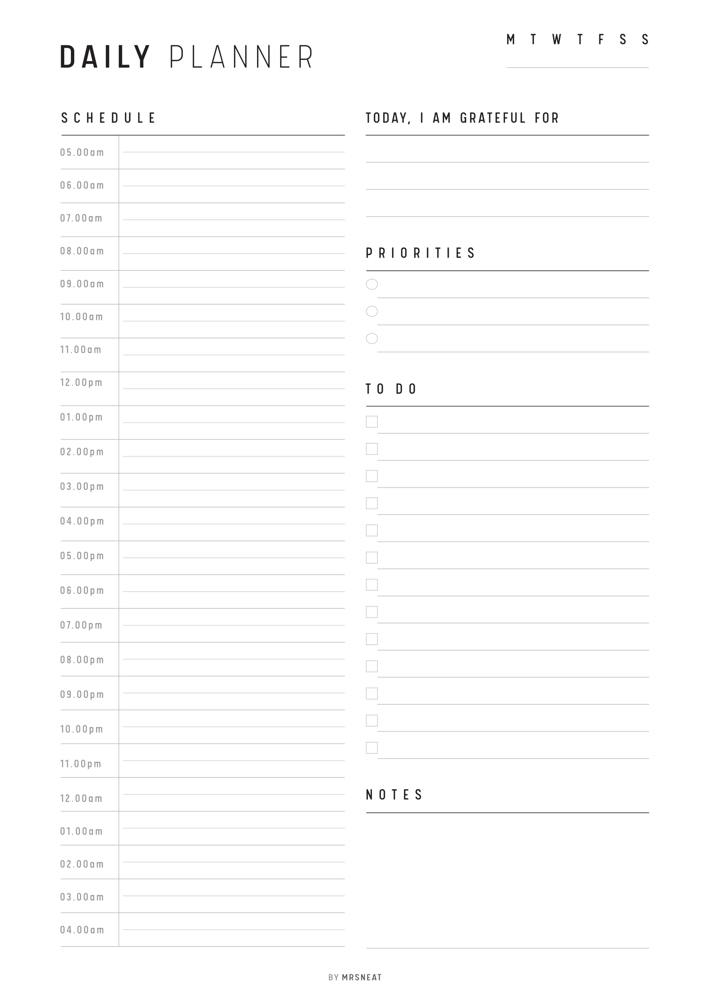 24 Hour Daily Planner Template, Minimalist, A4, Version 1