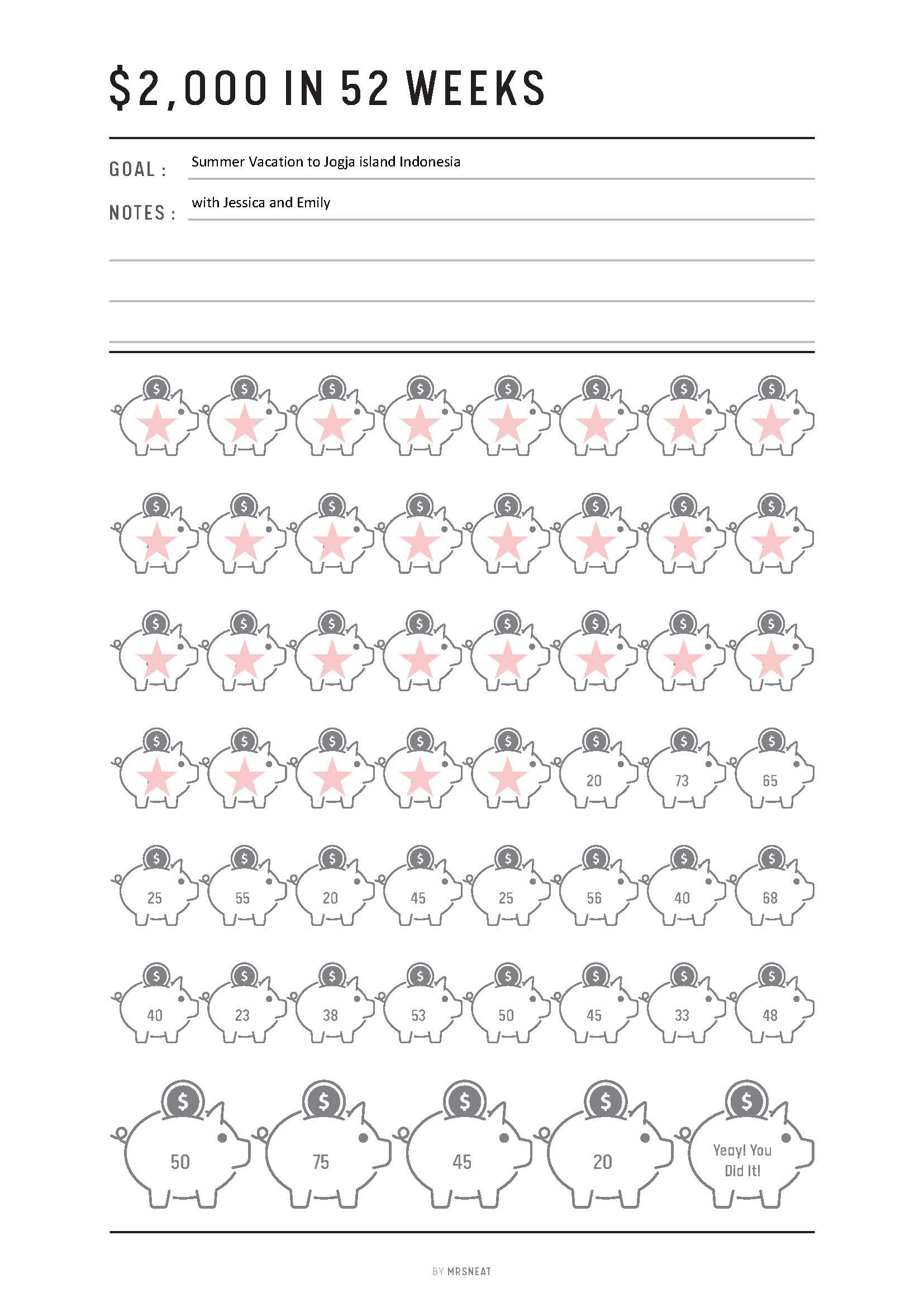 2000 saving challenge printable, 52 weeks Saving Challenge, Savings Challenge, Savings Tracker, Saving Journal, A4, A5, Letter, Half Letter