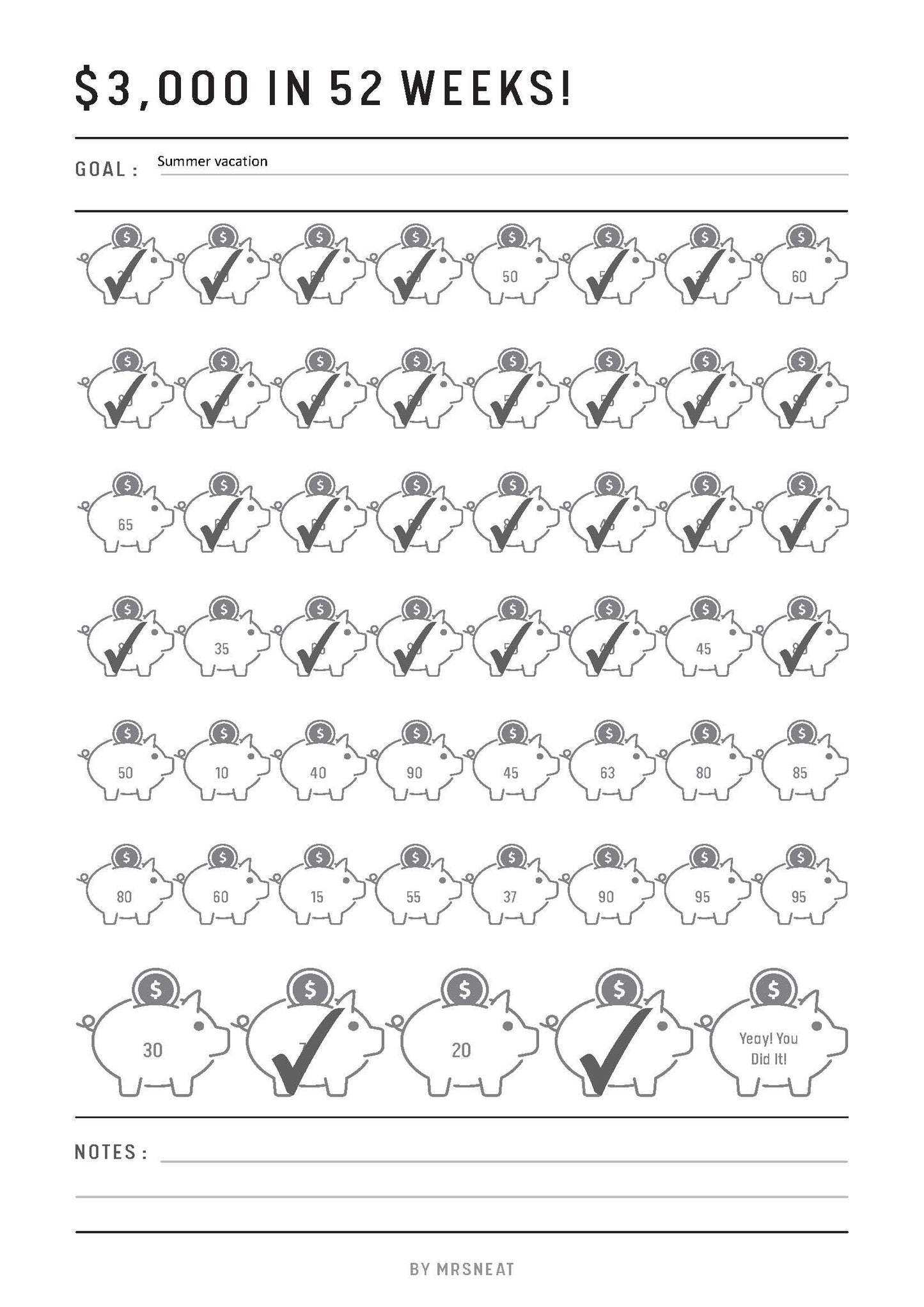 3,000 Money Saving Challenge Printable in 52 Weeks, Piggy Bank Template, Fillable Saving Tracker Page, PDF, A4, A5, Letter, Half Letter