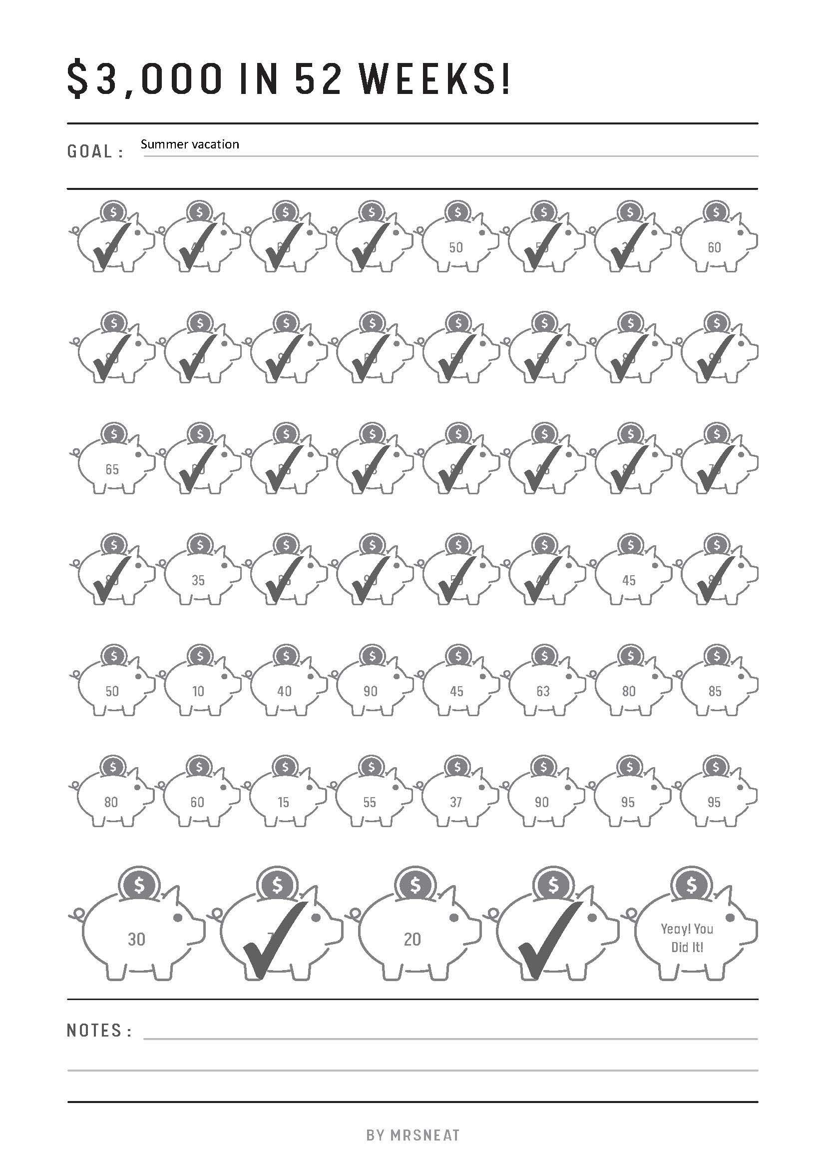 3,000 Money Saving Challenge Printable in 52 Weeks, Piggy Bank Template, Fillable Saving Tracker Page, PDF, A4, A5, Letter, Half Letter