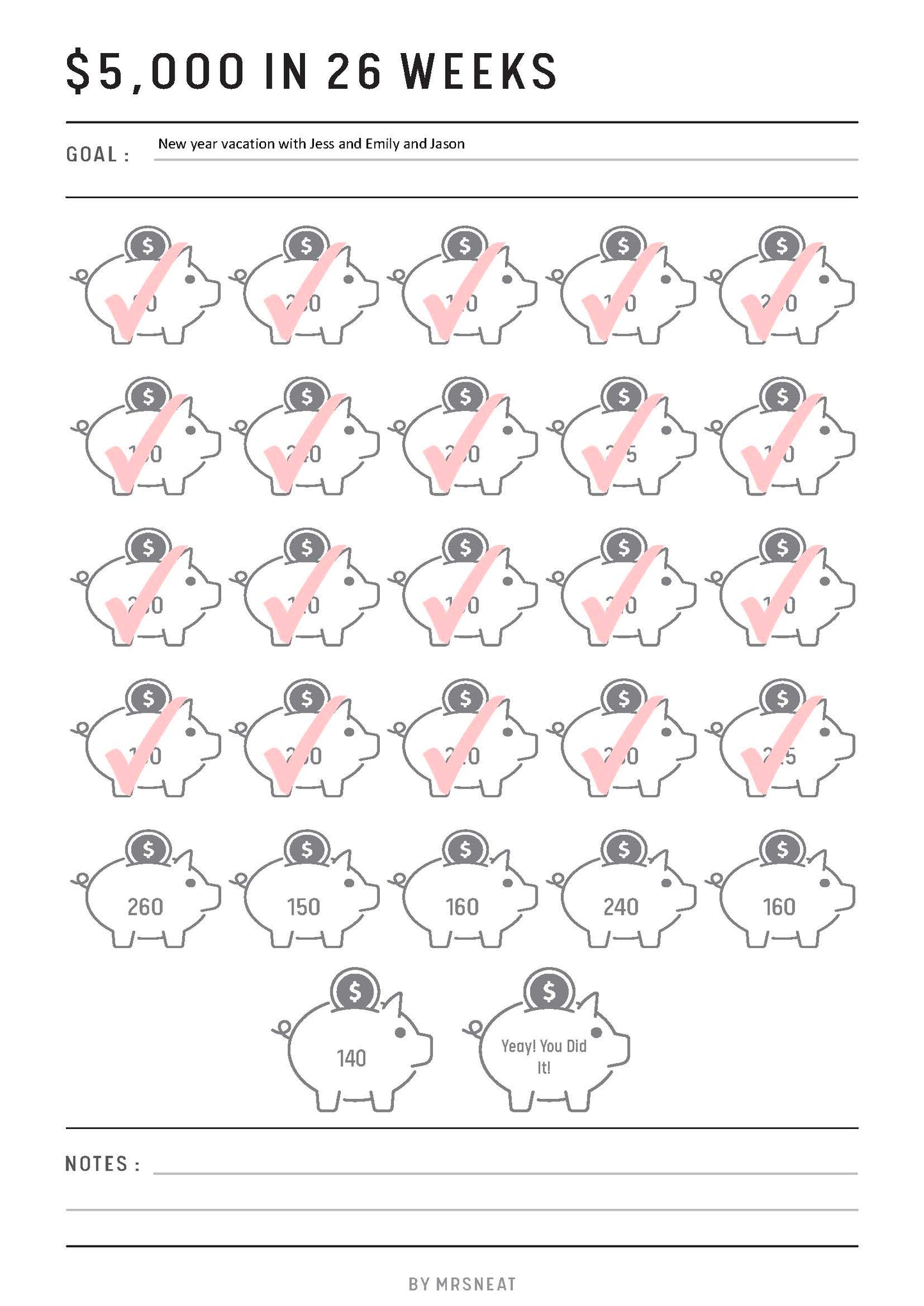 Fillable Savings Challenge Printable, Save 5000 in 26 Weeks, Piggy Bank Money Saving Challenge, Pdf, A4, A5, Letter, Half Letter