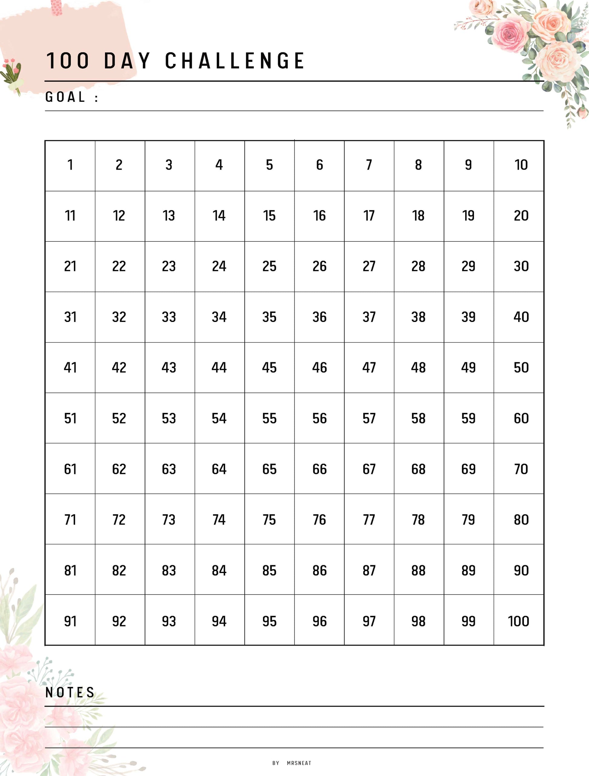 Floral 100 day challenge printable, goal setting, habit forming, Fillable Habit Challenge, A4, A5, Half Letter, Letter, PDF