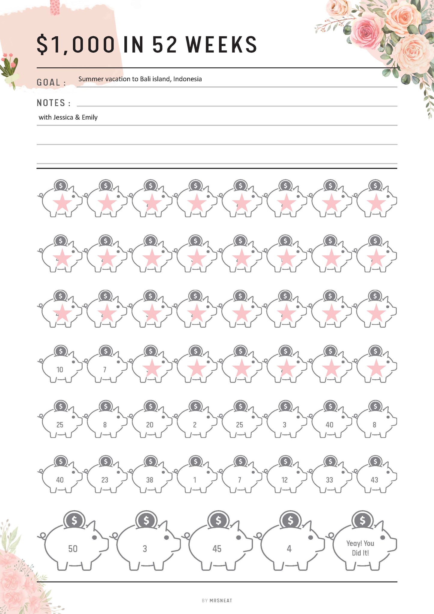 Floral 1000 Money Saving Challenge Printable, Fillable Saving Challenge in 52 Weeks, Pdf, A4, A5, Letter, Half Letter