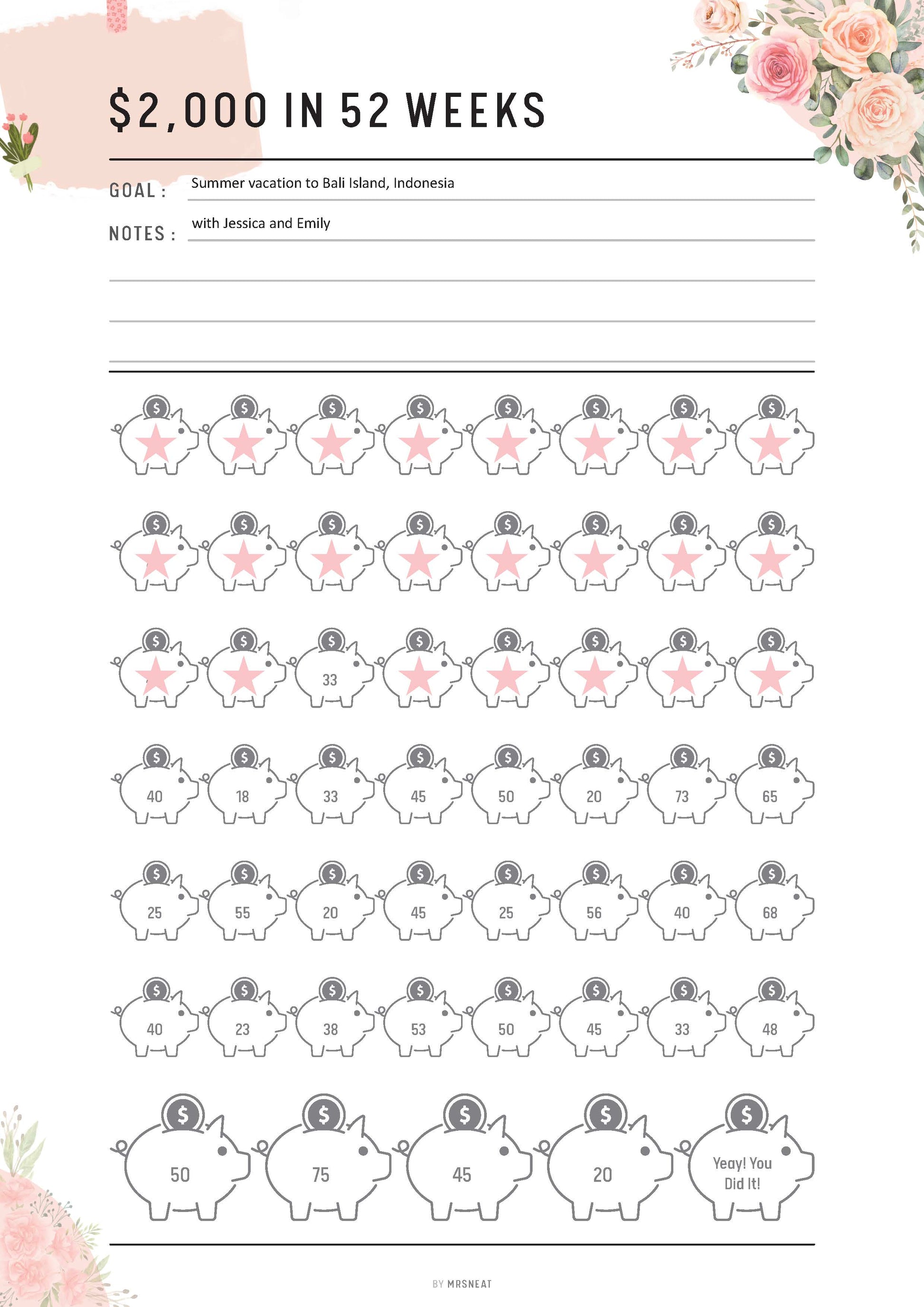 Floral 2000 Money Saving Challenge Printable, Fillable Saving Challenge in 52 Weeks, 52 Weeks Savings Challenge, A4, A5, Letter, Half Letter