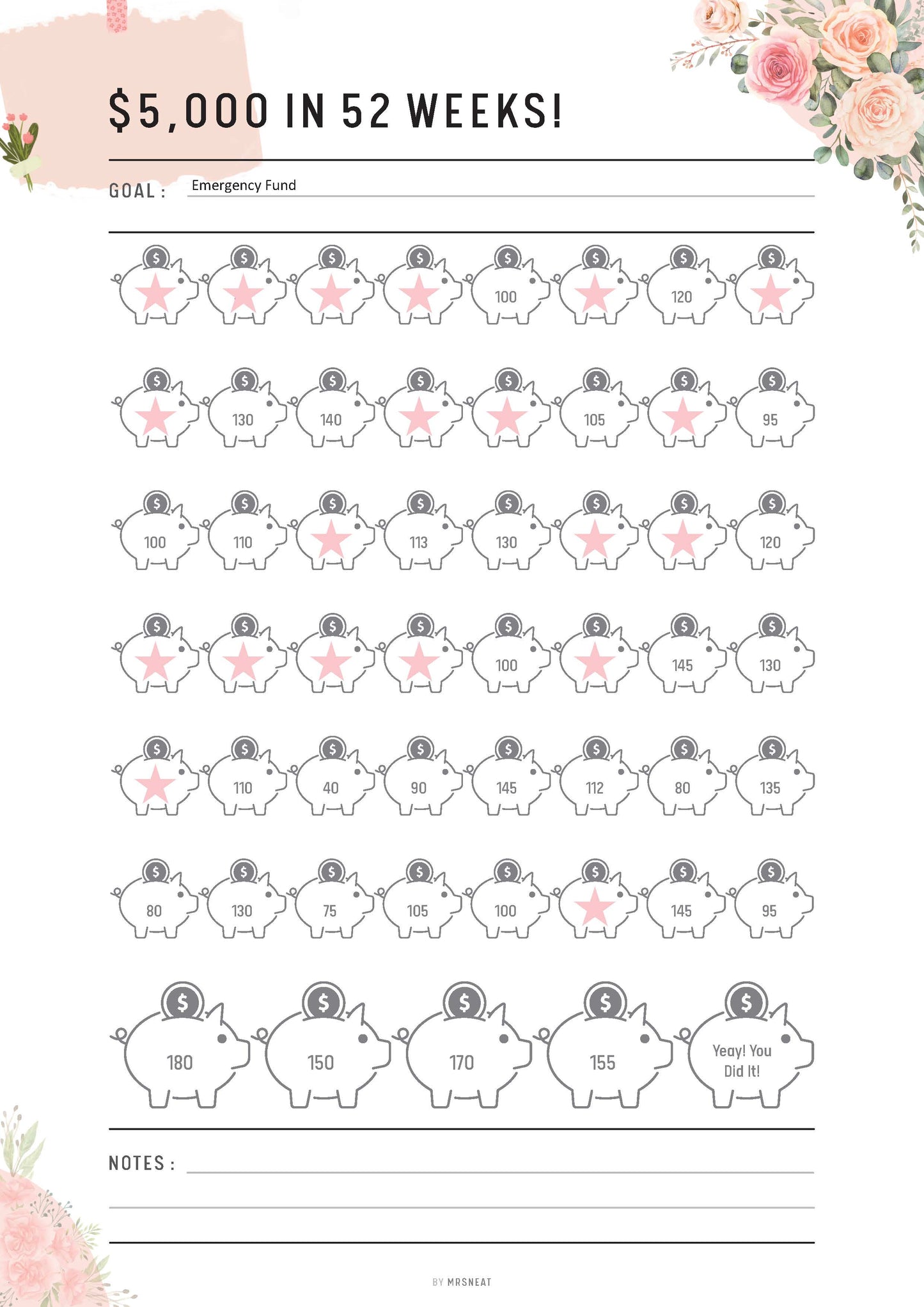 Floral 5000 Saving Challenge, Save 5000 in 52 weeks, Fillable 52 weeks savings challenge printable, PDF, A4, A5, Letter, Half Letter