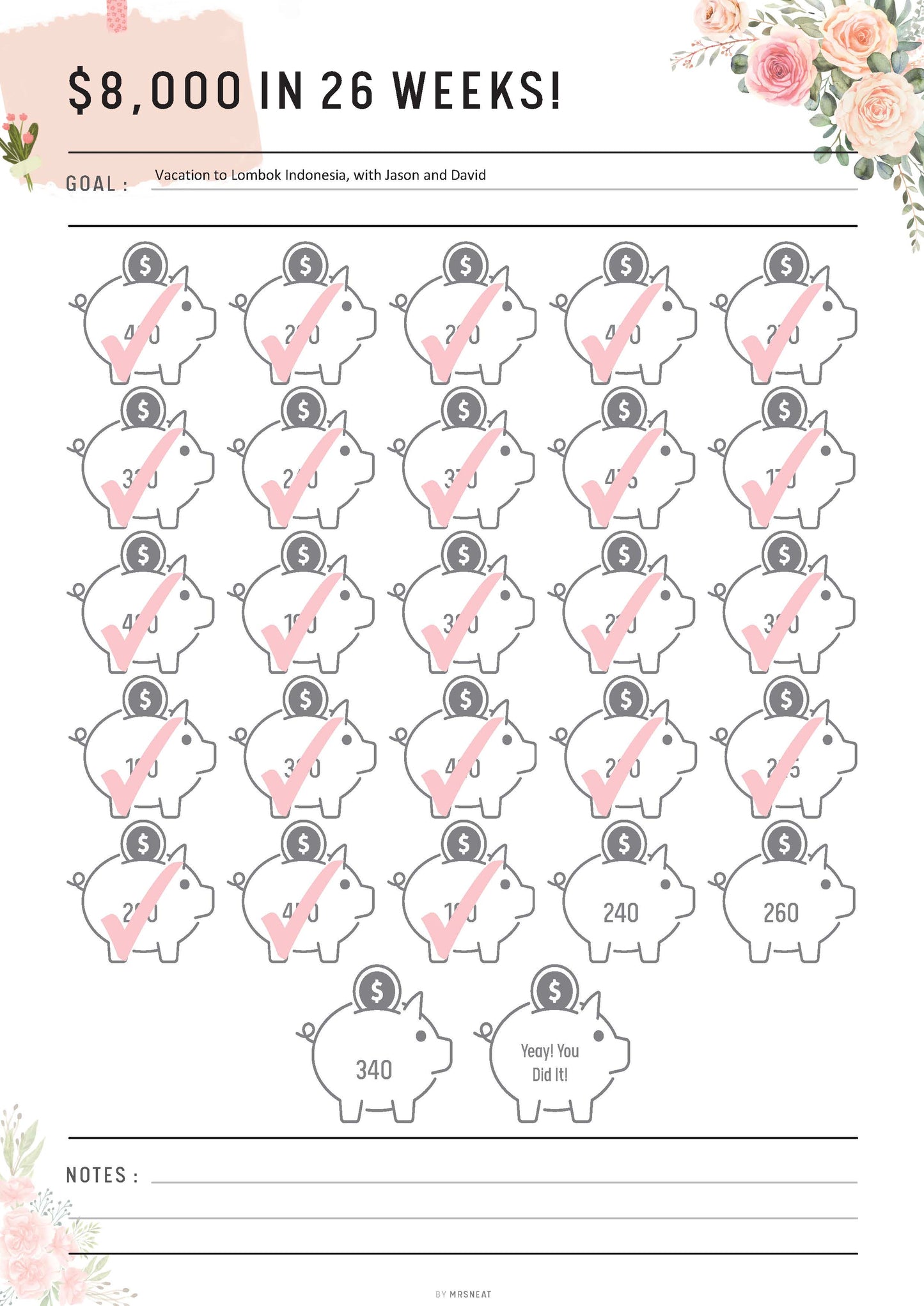 Floral 8000 Money Saving Challenge Printable in 26 Weeks, Fillable Piggy Bank Saving Tracker, PDF, A4, A5, Letter & Half Letter