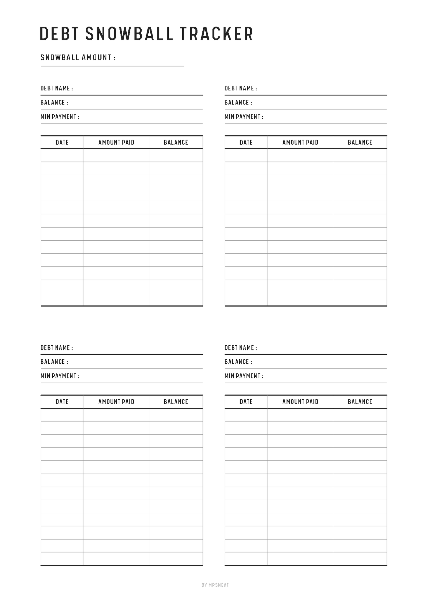 Debt snowball tracker with columns for debt name, balance, minimum payment, amount paid, and new balance.