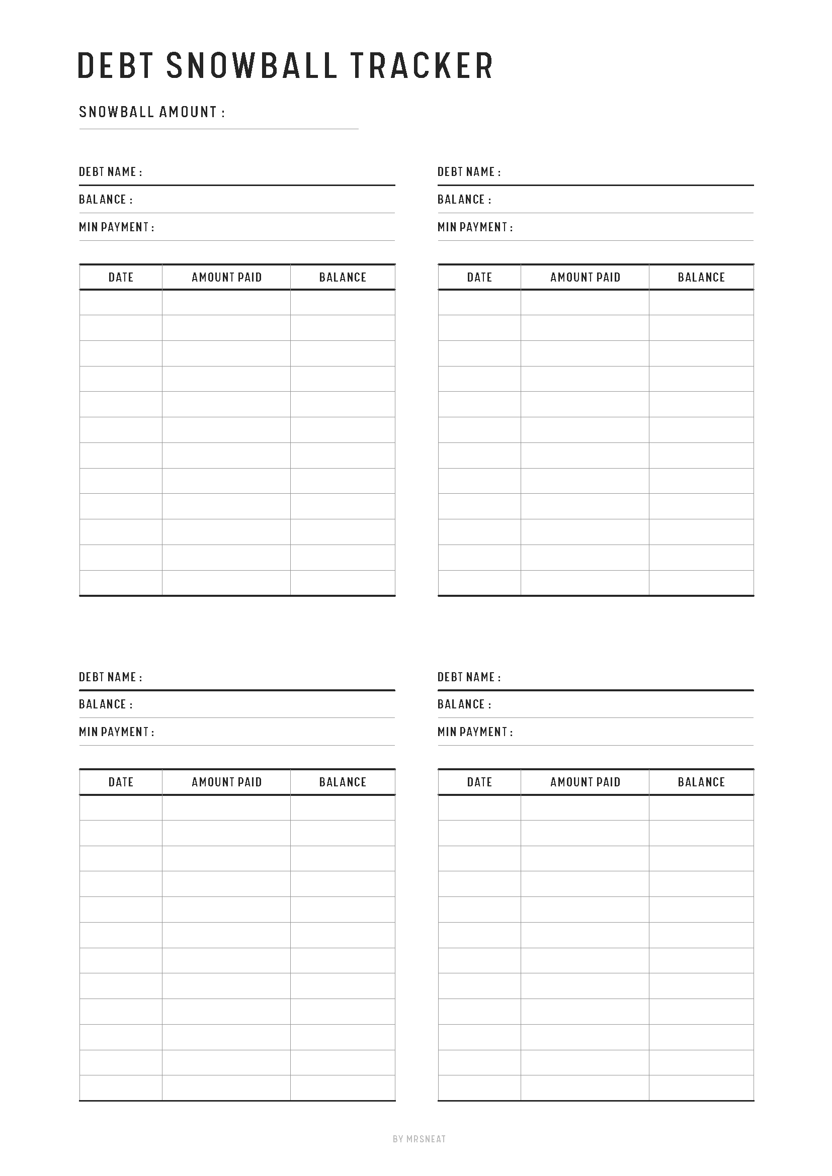 Debt snowball tracker with columns for debt name, balance, minimum payment, amount paid, and new balance.