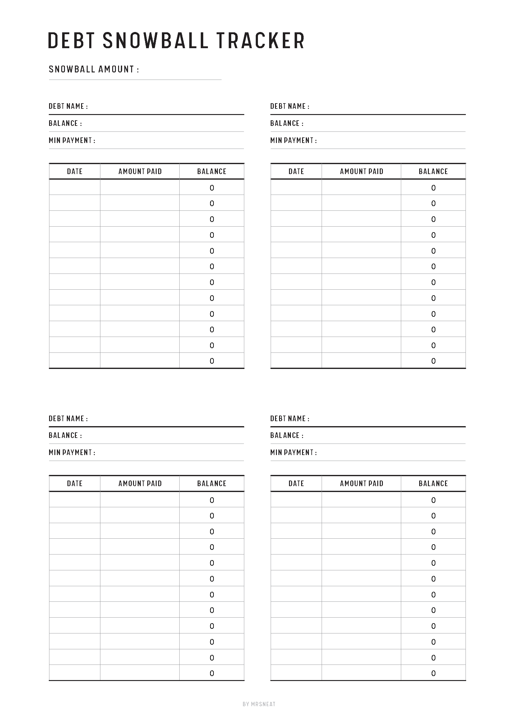 Debt snowball tracker with columns for debt name, balance, minimum payment, and amount paid.