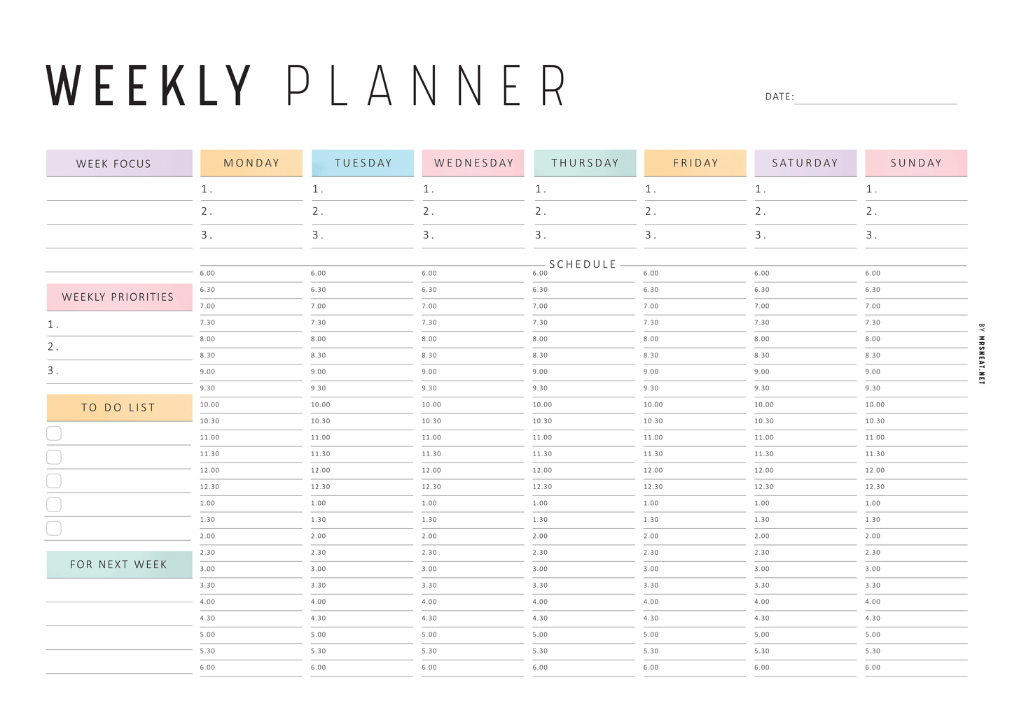 Half Hour Weekly Planner Landscape Template, Sunday and Monday Start Included, A4 & Letter size, Neutral and Colorful Page Options Included, Printable and Digital Planner