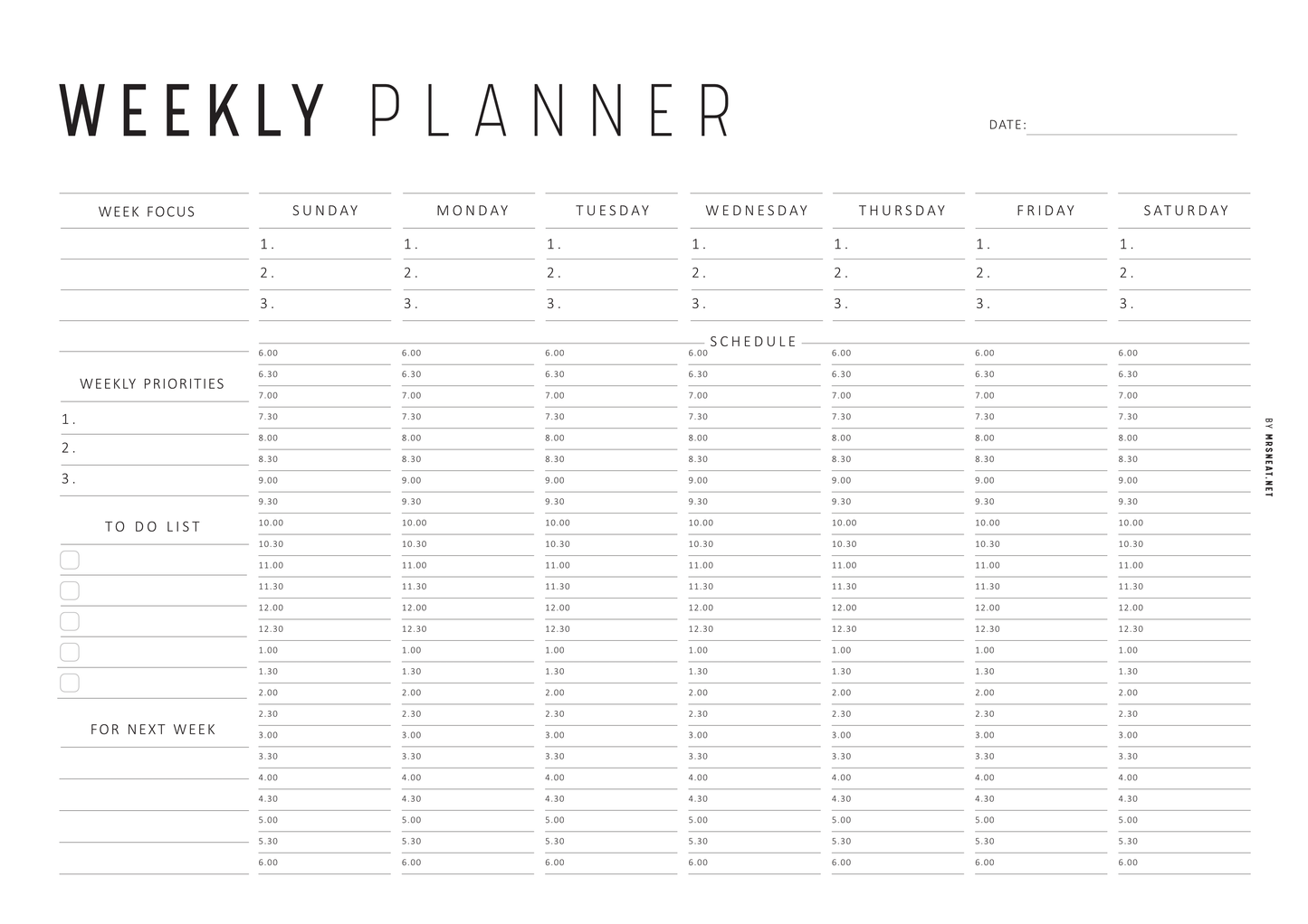 Half Hour Weekly Planner Landscape Template, Sunday and Monday Start Included, A4 & Letter size, Neutral and Colorful Page Options Included, Printable and Digital Planner