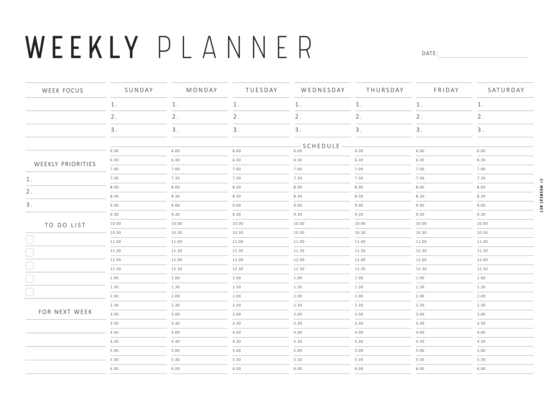 Half Hour Weekly Planner Landscape Template, Sunday and Monday Start Included, A4 & Letter size, Neutral and Colorful Page Options Included, Printable and Digital Planner