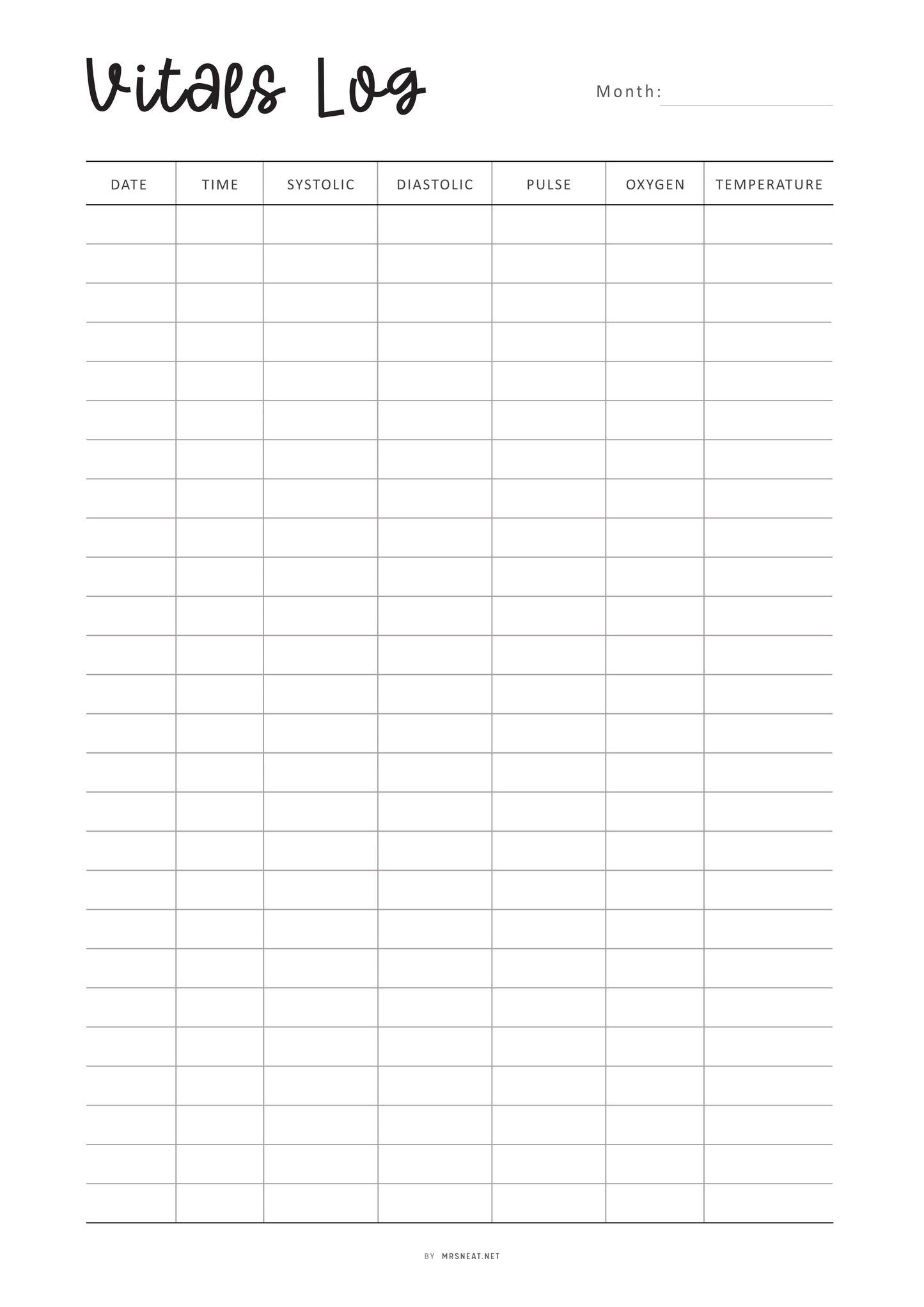 Vitals Log sheet with columns for date, time, systolic, diastolic, pulse, oxygen, and temperature.
