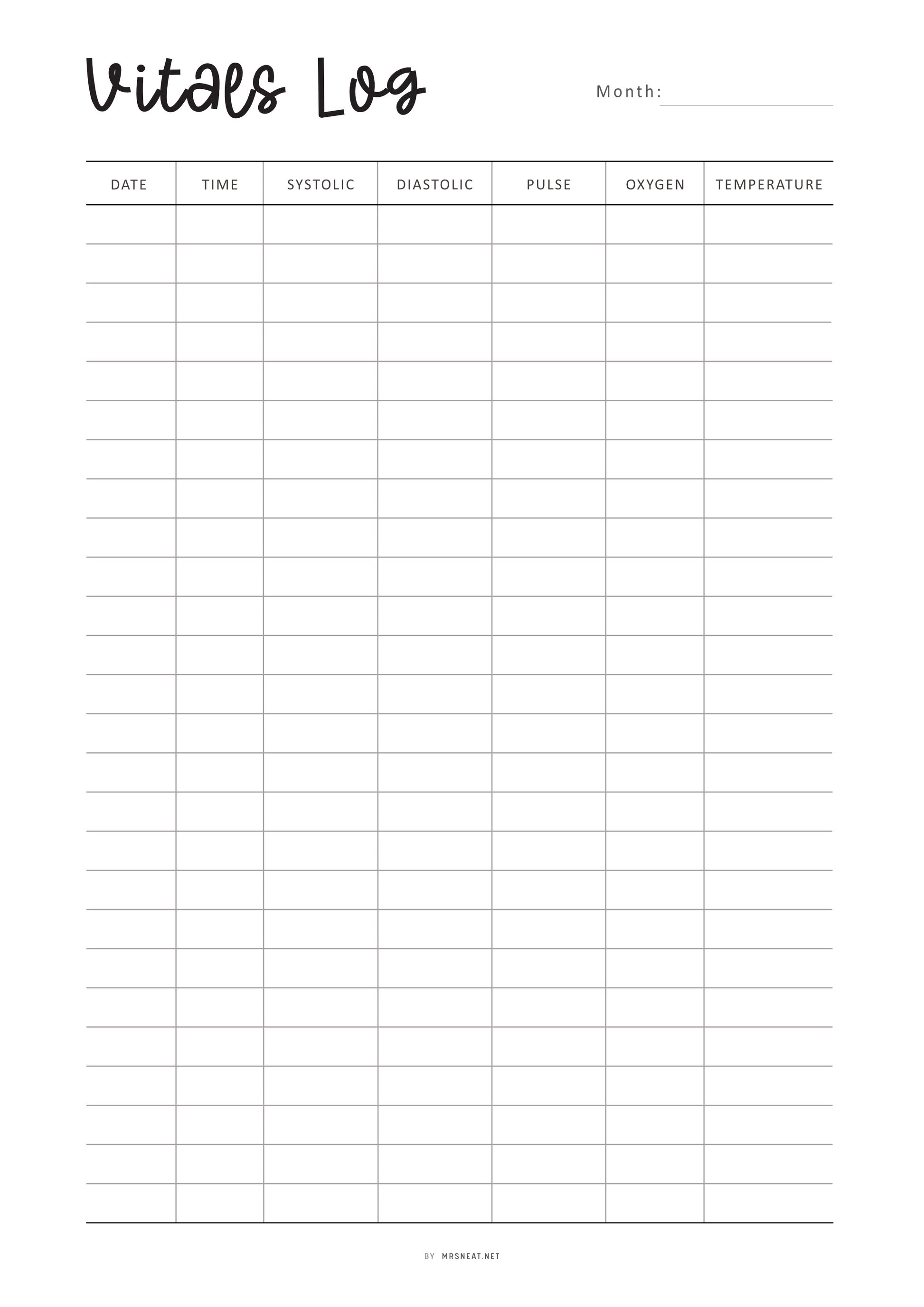 Vitals Log sheet with columns for date, time, systolic, diastolic, pulse, oxygen, and temperature.