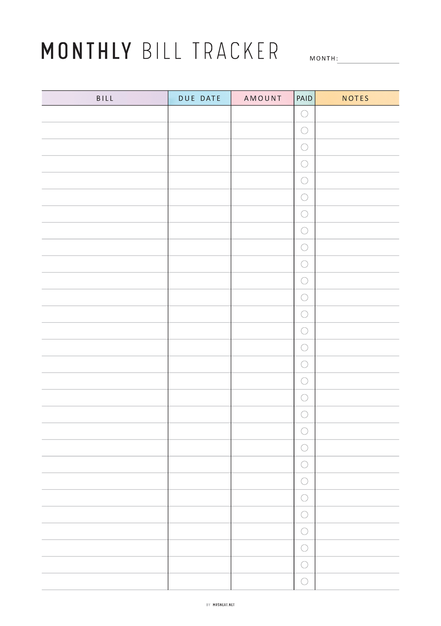 Monthly bill tracker with columns for bill, due date, amount, paid status, and notes.