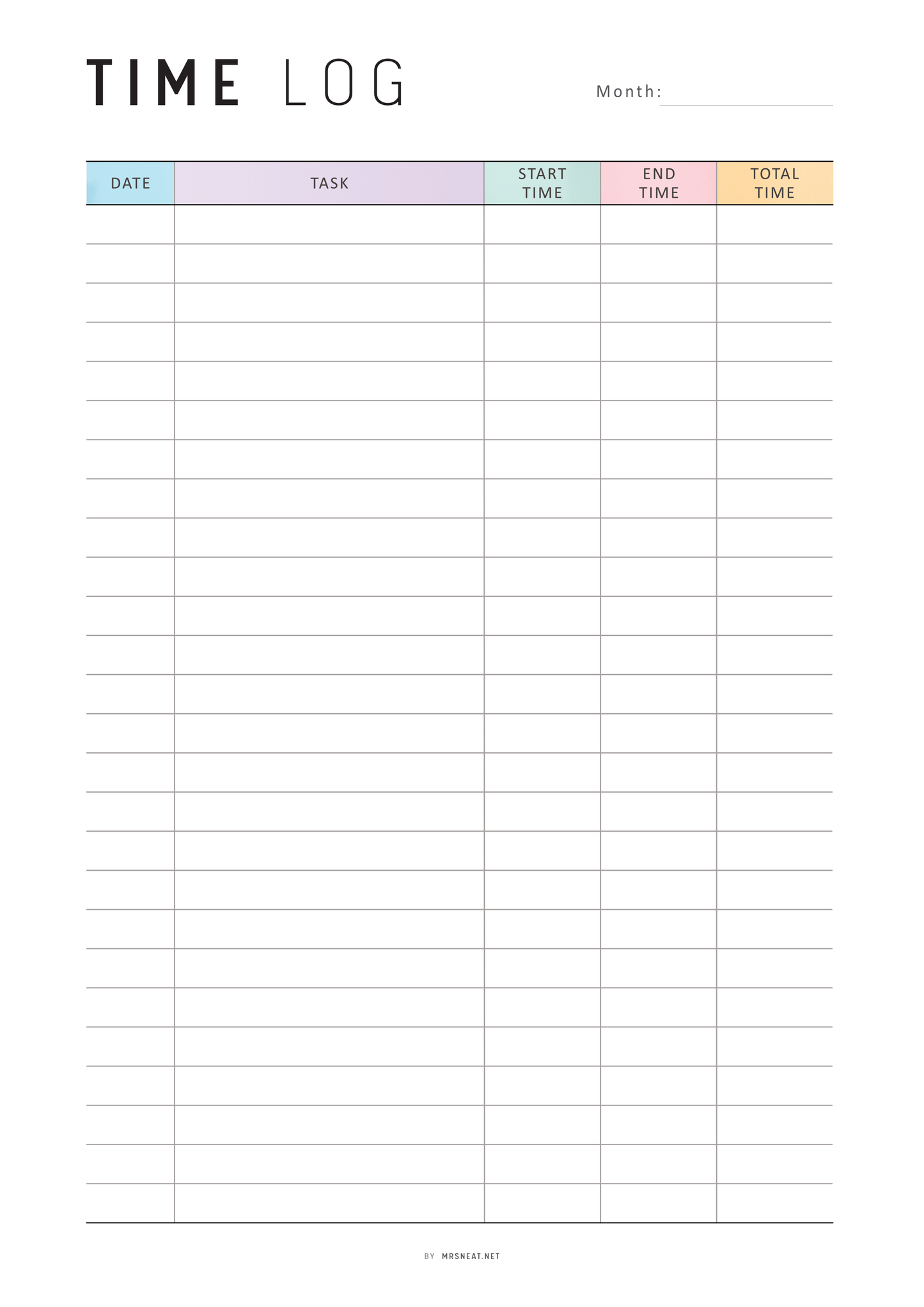 Time log sheet with columns for date, task, start time, end time, and total time.