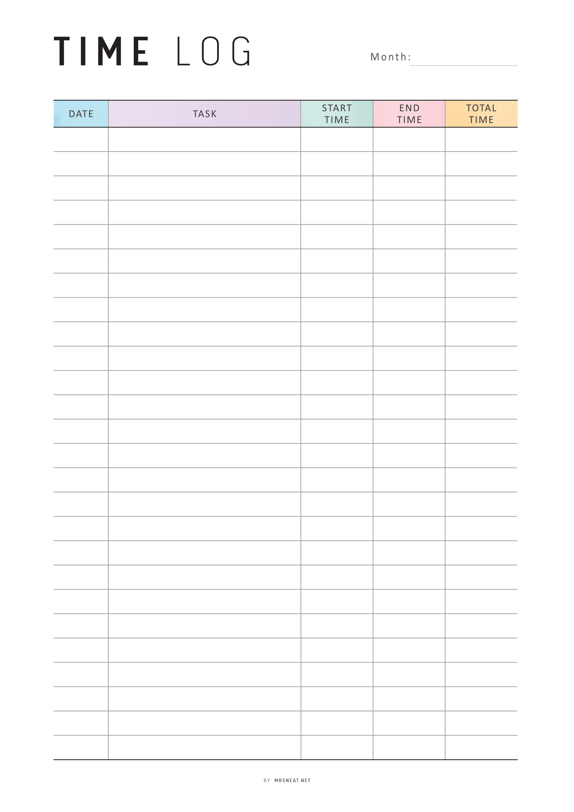 Time log sheet with columns for date, task, start time, end time, and total time.
