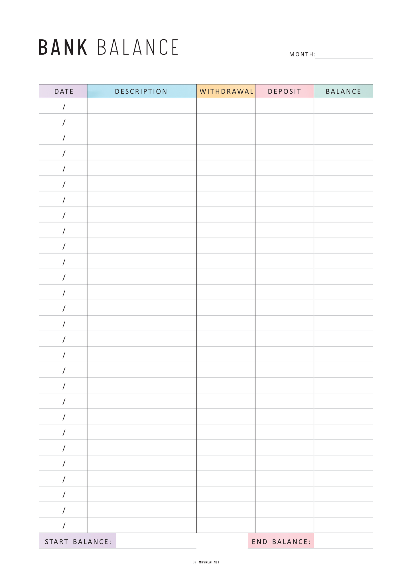 Bank balance tracker with columns for date, description, withdrawal, deposit, and balance.