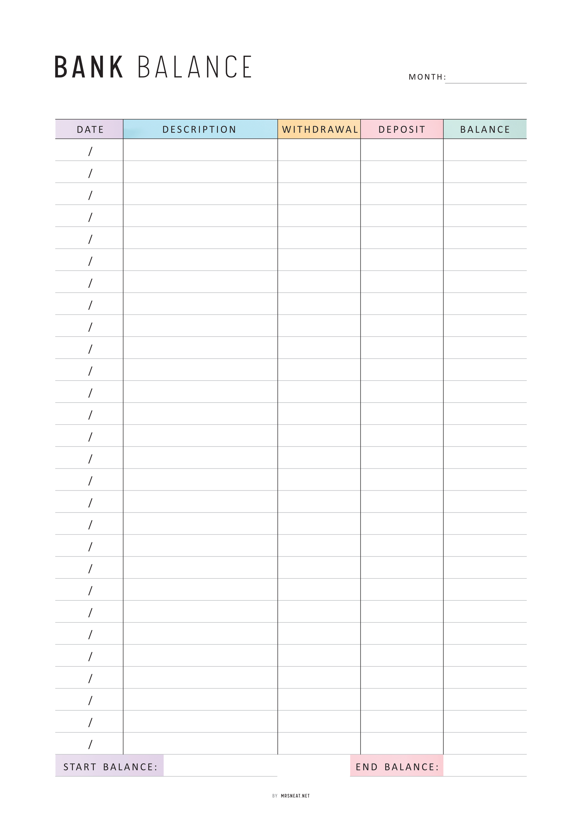 Bank balance tracker with columns for date, description, withdrawal, deposit, and balance.
