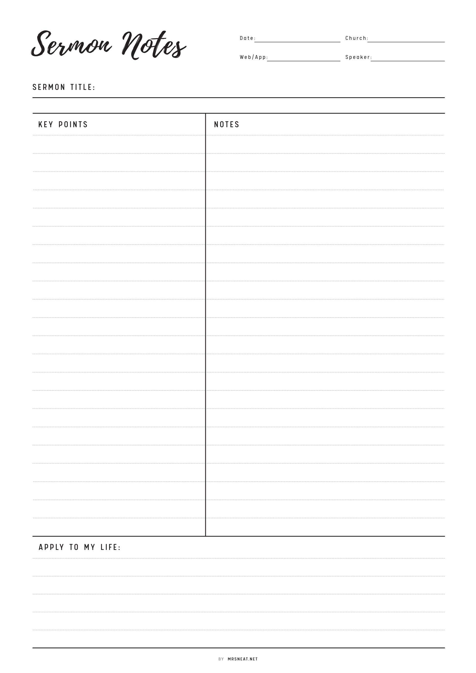 Sermon notes template with sections for title, key points, notes, and personal application.