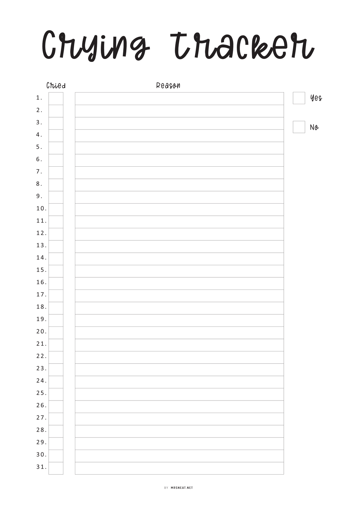 Coding Crying Tracker Monthly Crying Tracker Template - M415 – mrsneat
