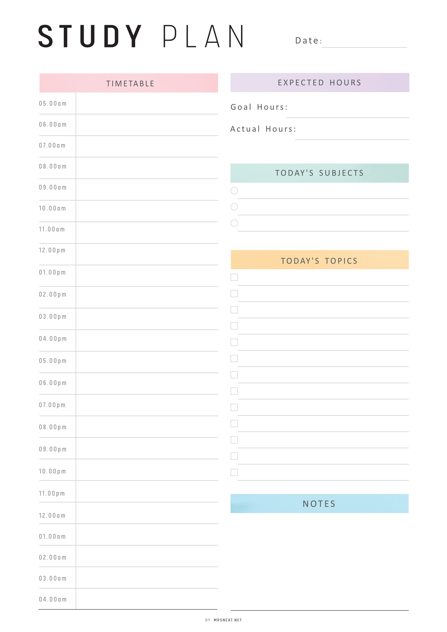 Study plan template with time slots, expected hours, and notes section.