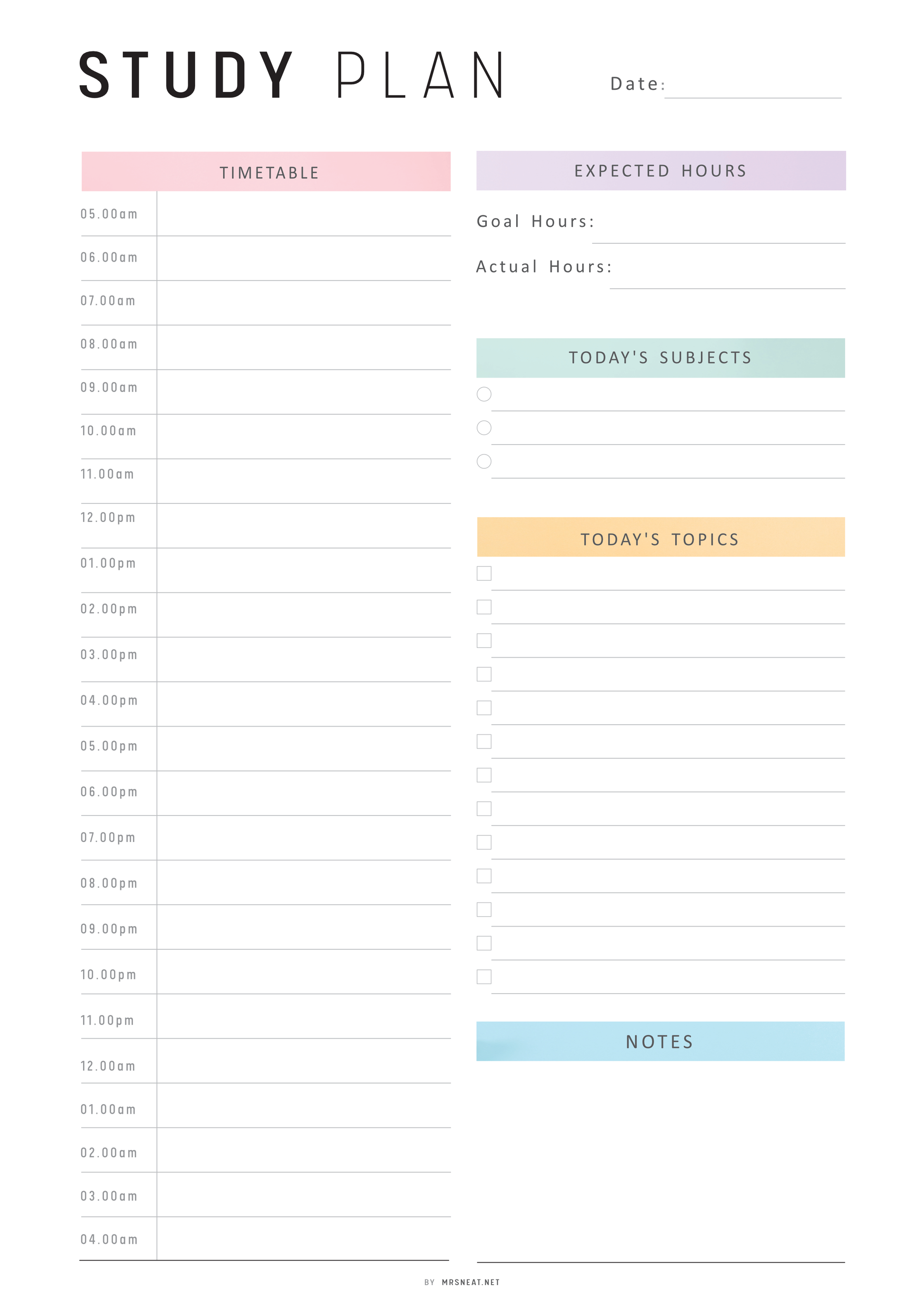 Study plan template with time slots, expected hours, and notes section.