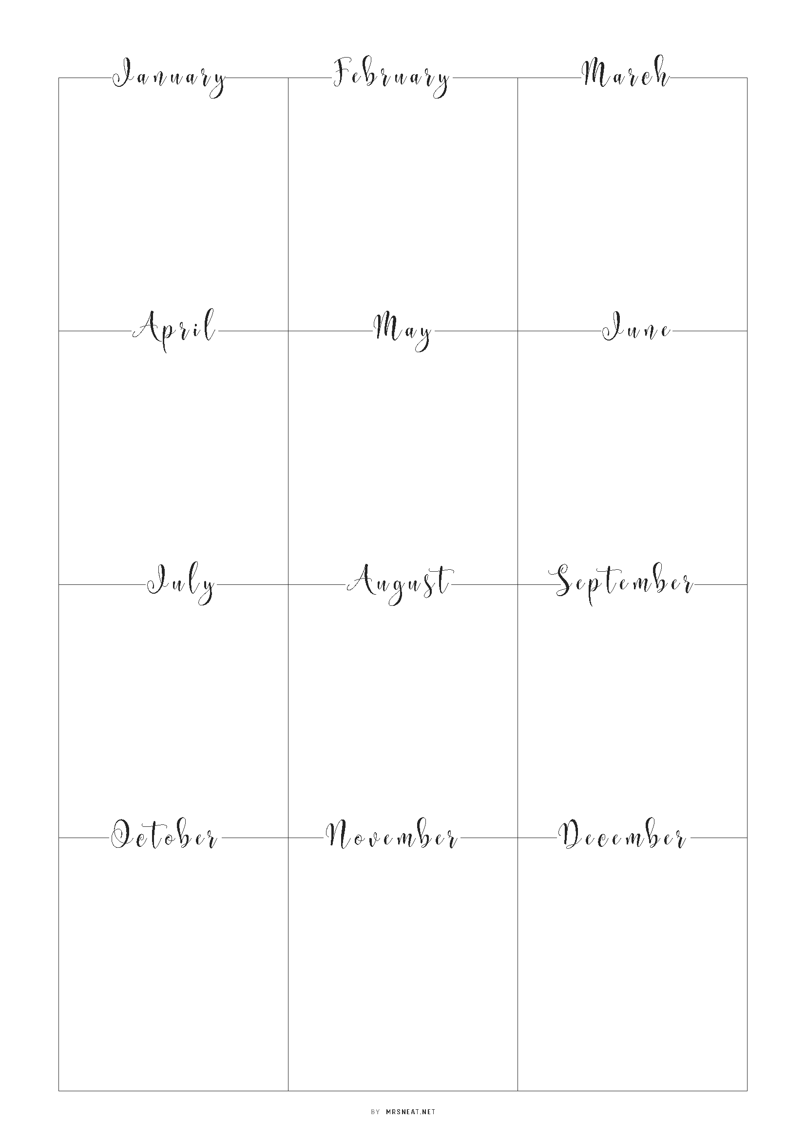 Simple calendar layout with months labeled on a white background