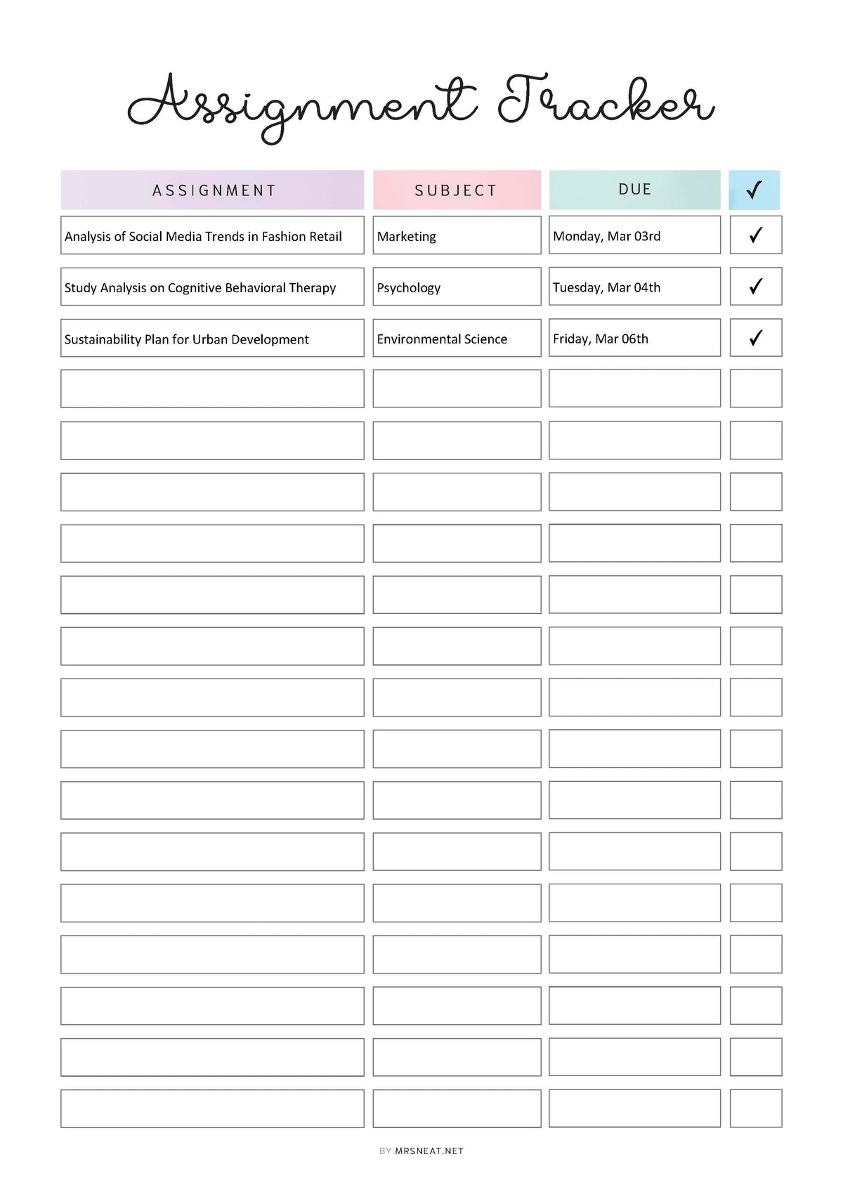 Assignment Tracker Printable Journal Page - M535 – mrsneat