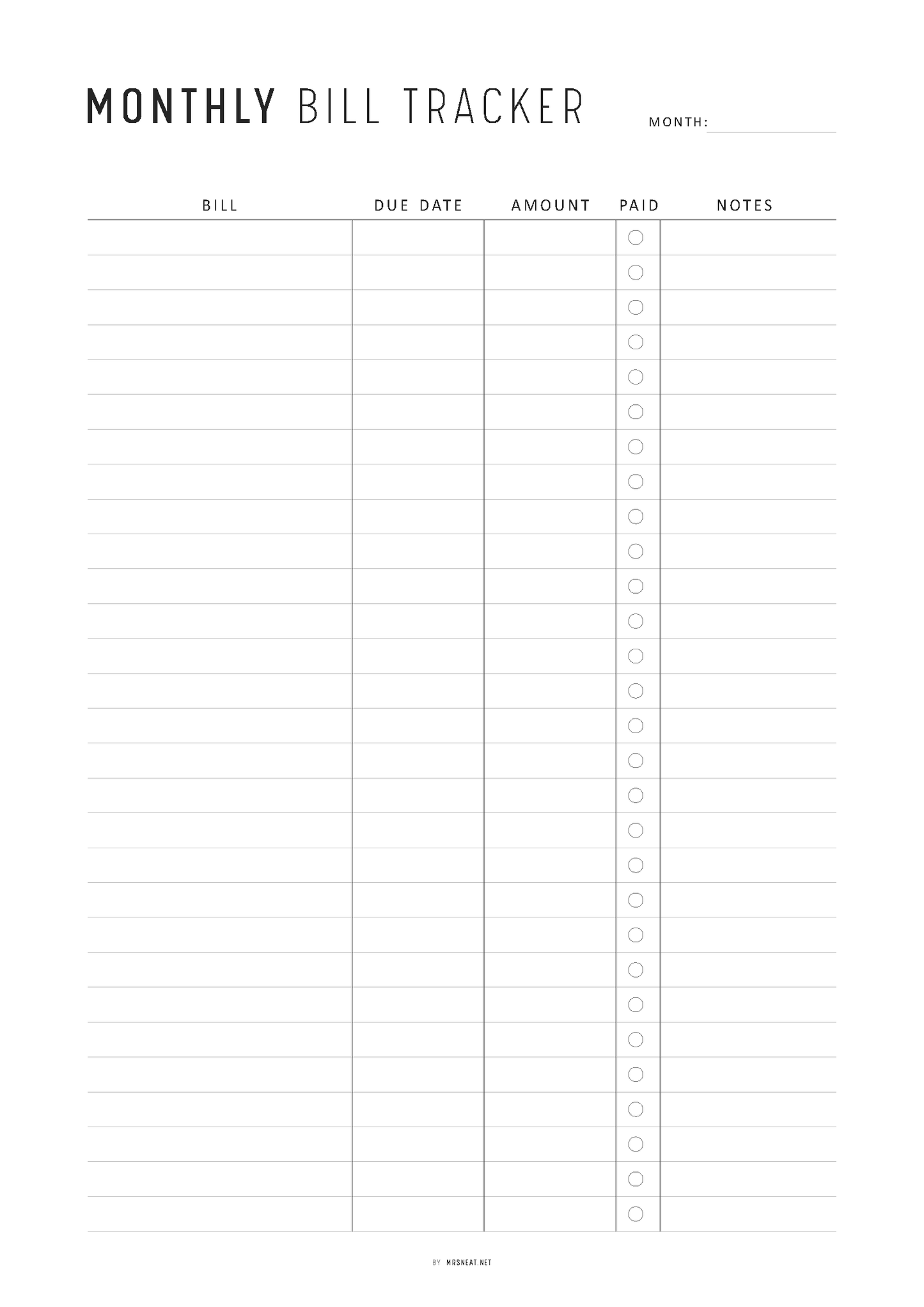Monthly bill tracker with columns for bill, due date, amount, paid status, and notes.