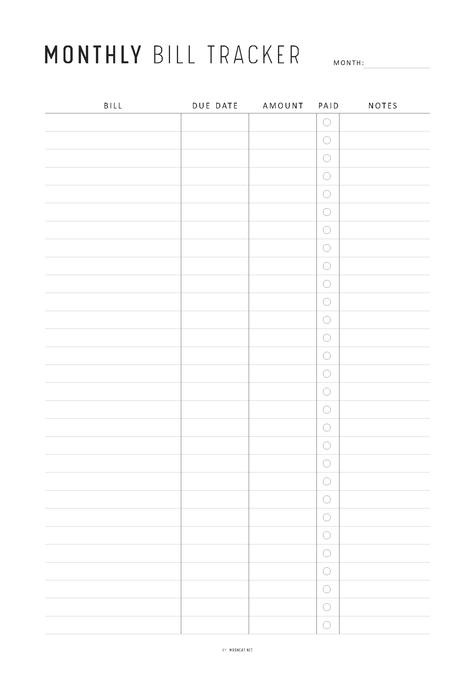 Monthly bill tracker with columns for bill, due date, amount, paid status, and notes.