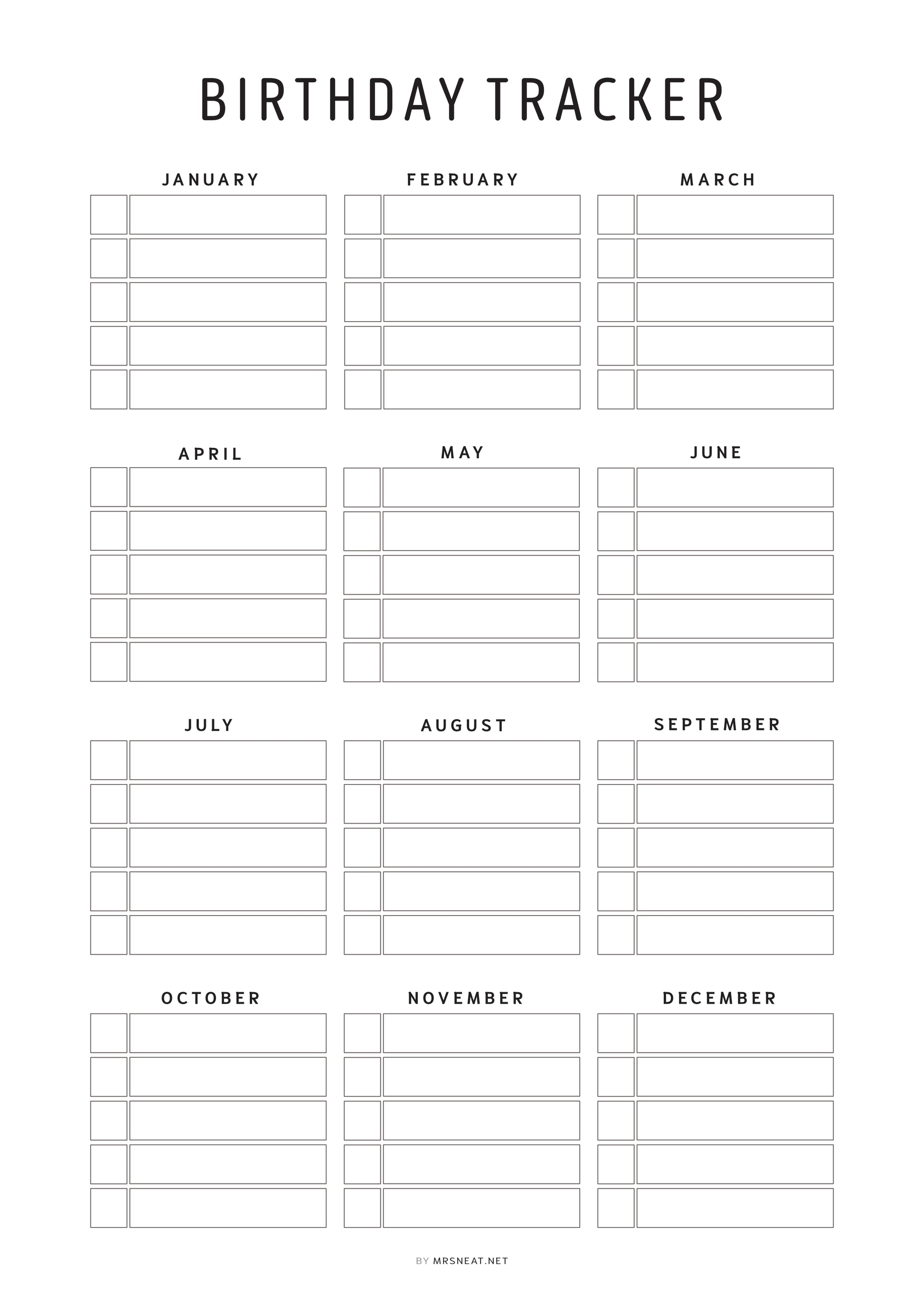 Birthday tracker with months listed from January to December on a white background.