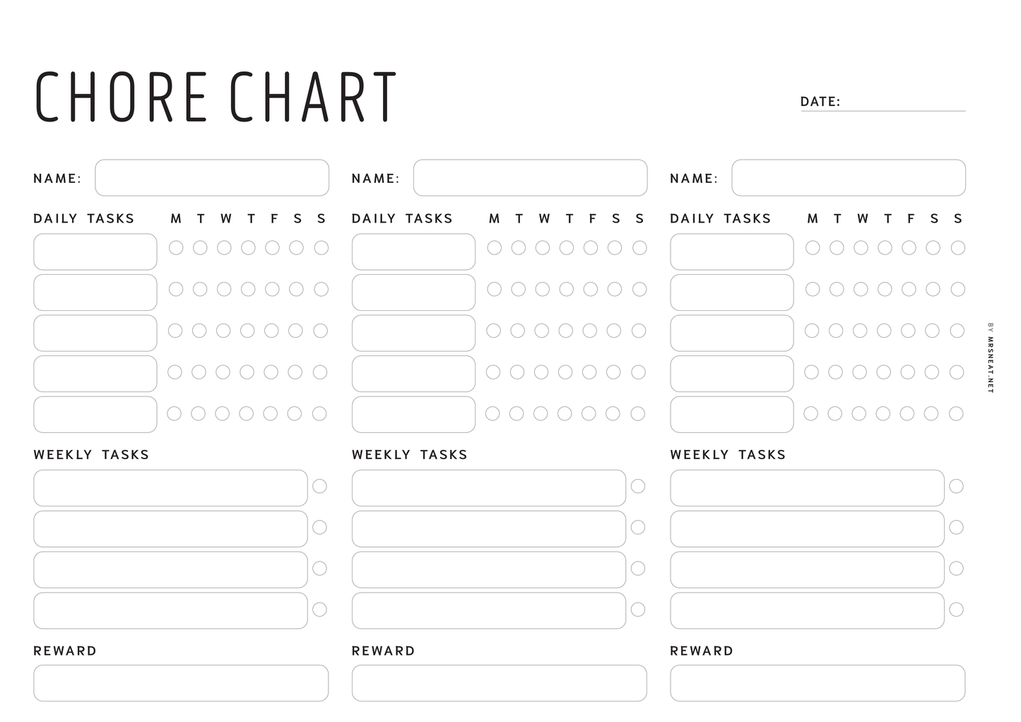 Minimalist Weekly Chore Chart for 3 Kids or Adults, Printable Planner, Digital, Fillable version, Sunday & Monday Start, PDF