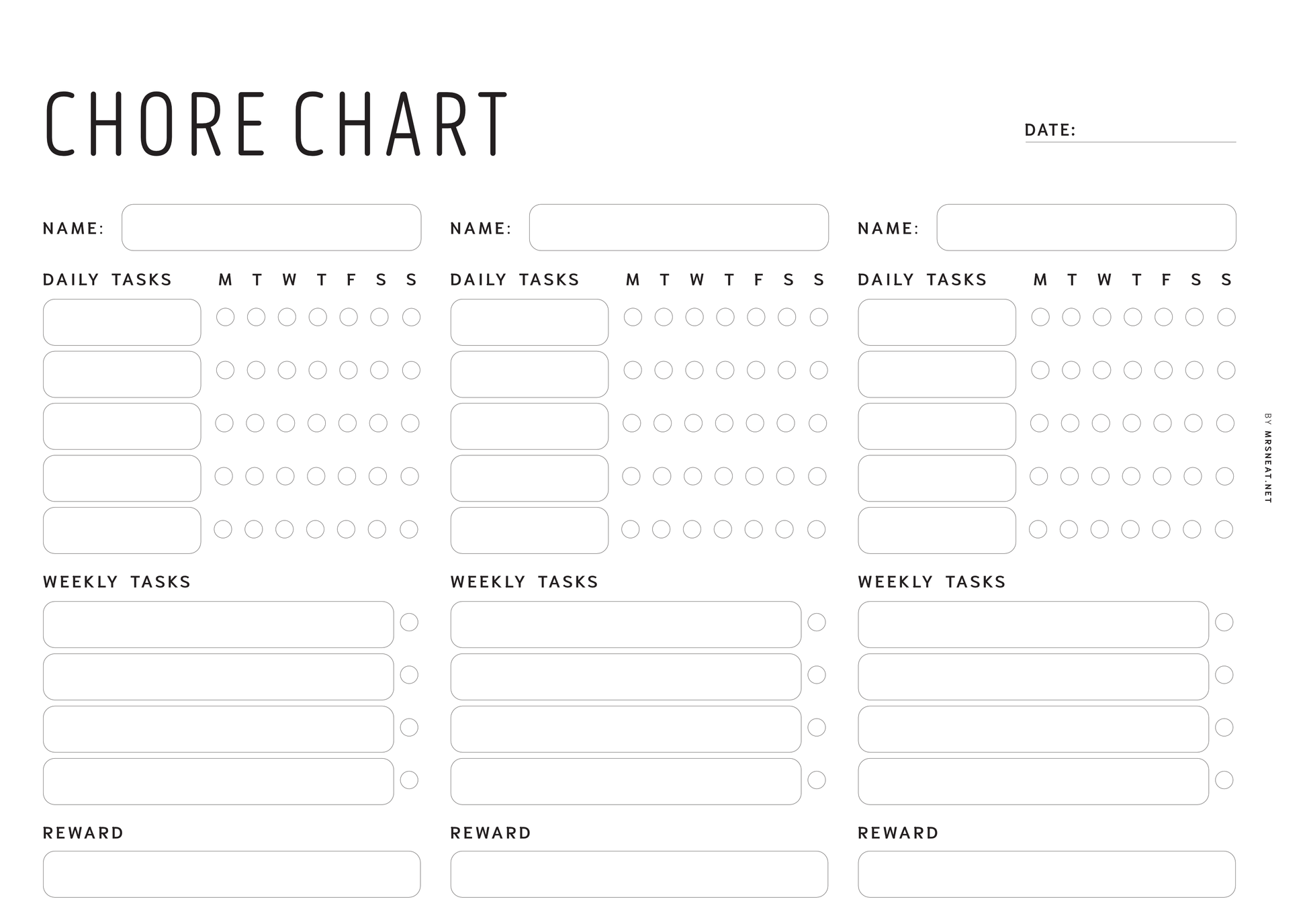 Minimalist Weekly Chore Chart for 3 Kids or Adults, Printable Planner, Digital, Fillable version, Sunday & Monday Start, PDF