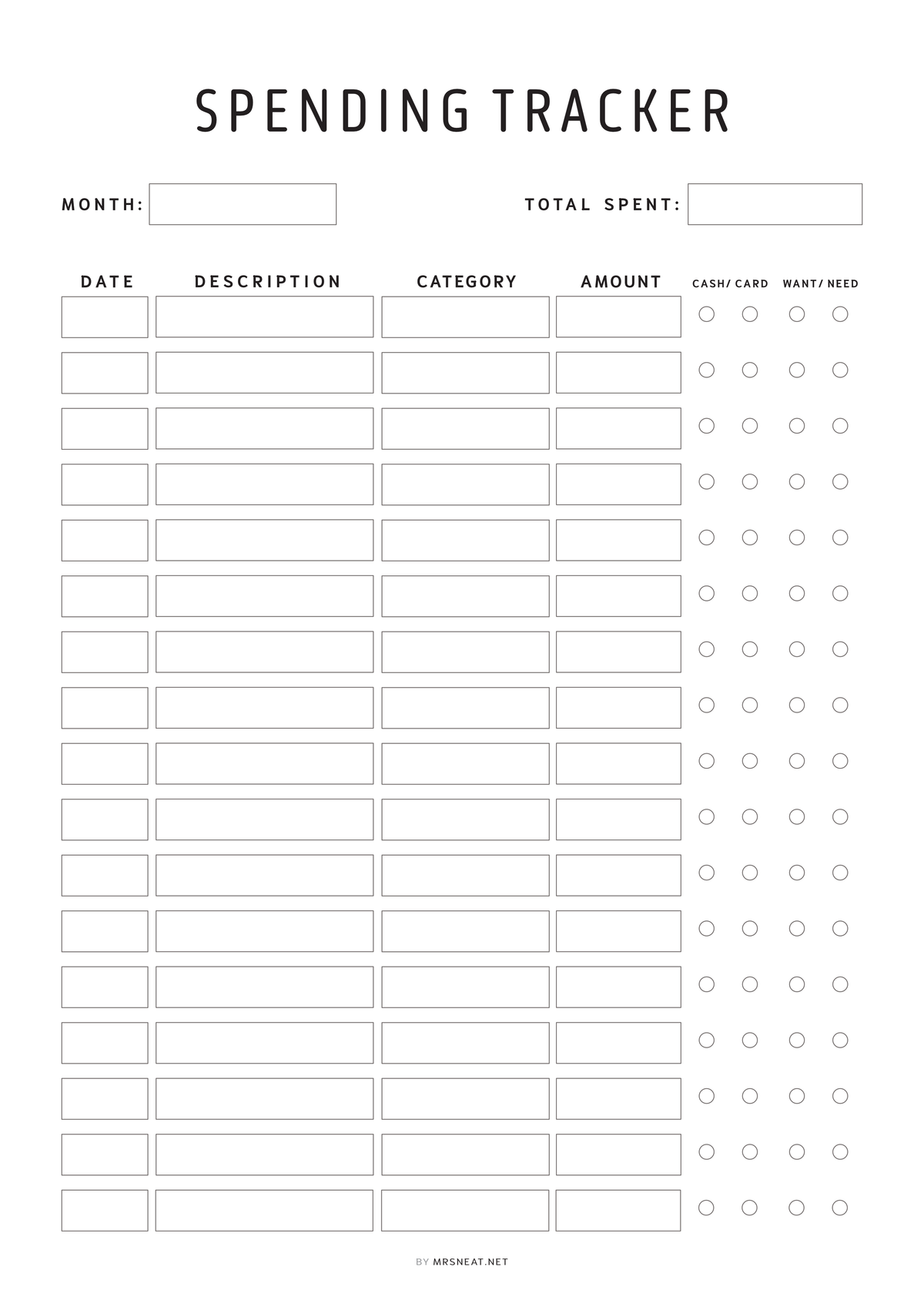 Editable Spending Tracker Printable PDF - M496 – mrsneat