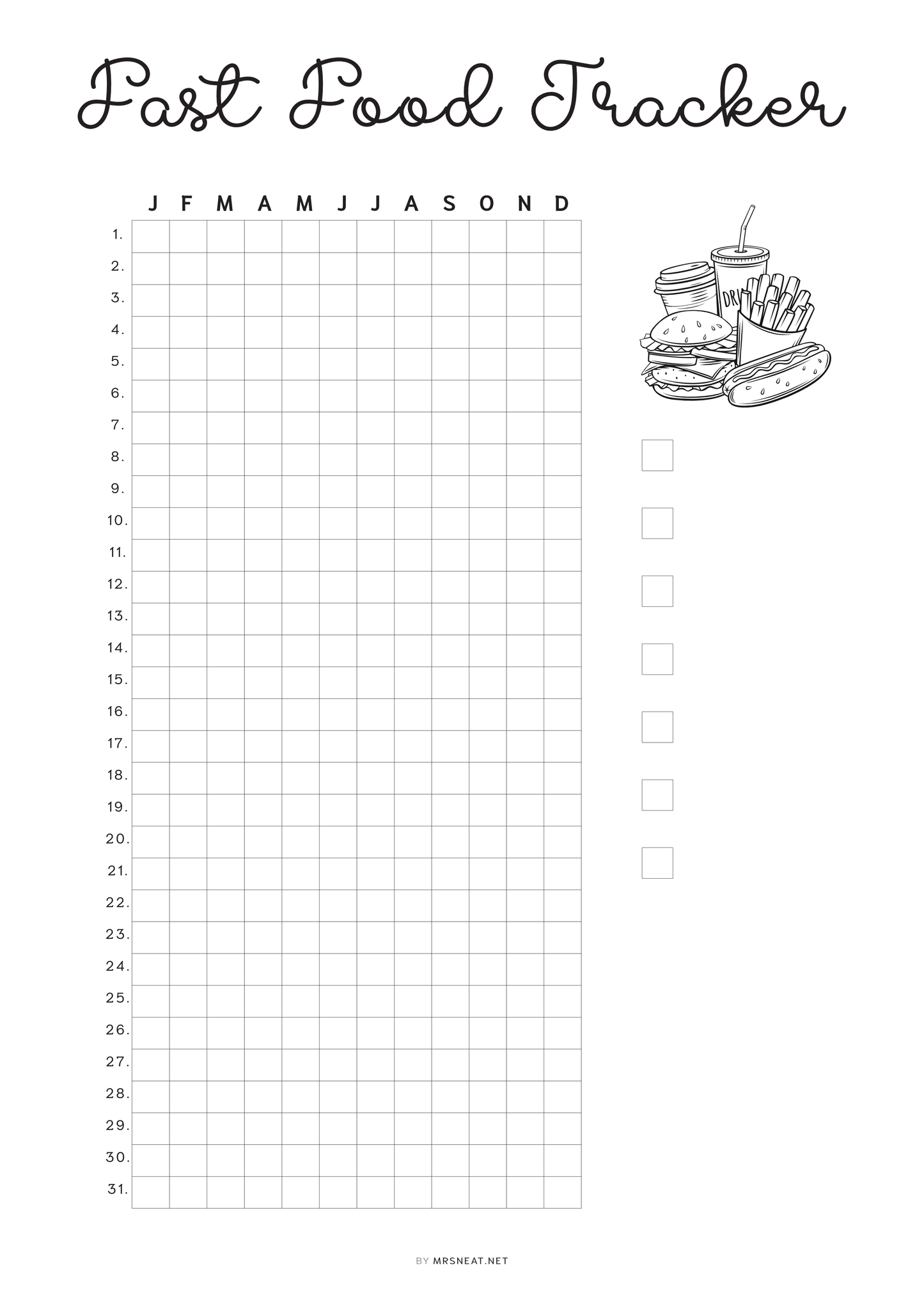 Fast Food Tracker Template Printable PDF, A4, Letter, Half Letter, A5, Digital Planner, Minimalist Planner, pre-filled & blank template