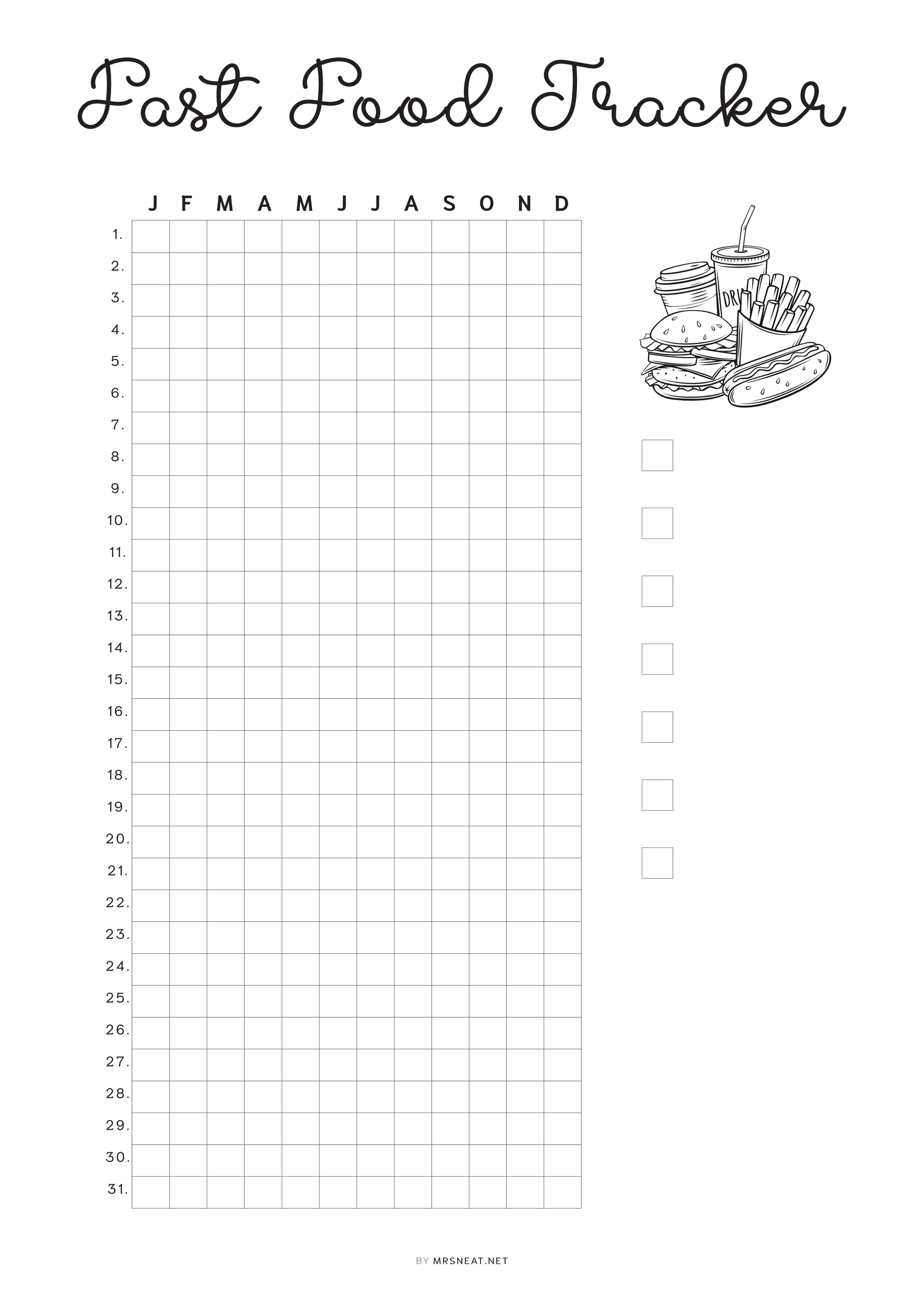 Fast Food Tracker Template Printable PDF, A4, Letter, Half Letter, A5, Digital Planner, Minimalist Planner, pre-filled & blank template