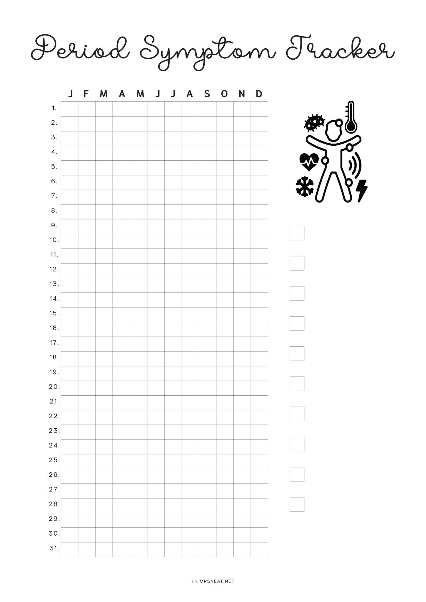 Period Symptom Tracker Printable PDF, A4, A5, Letter, Half Letter, Minimalist Planner, Digital Planner, Pre-filled & Blank