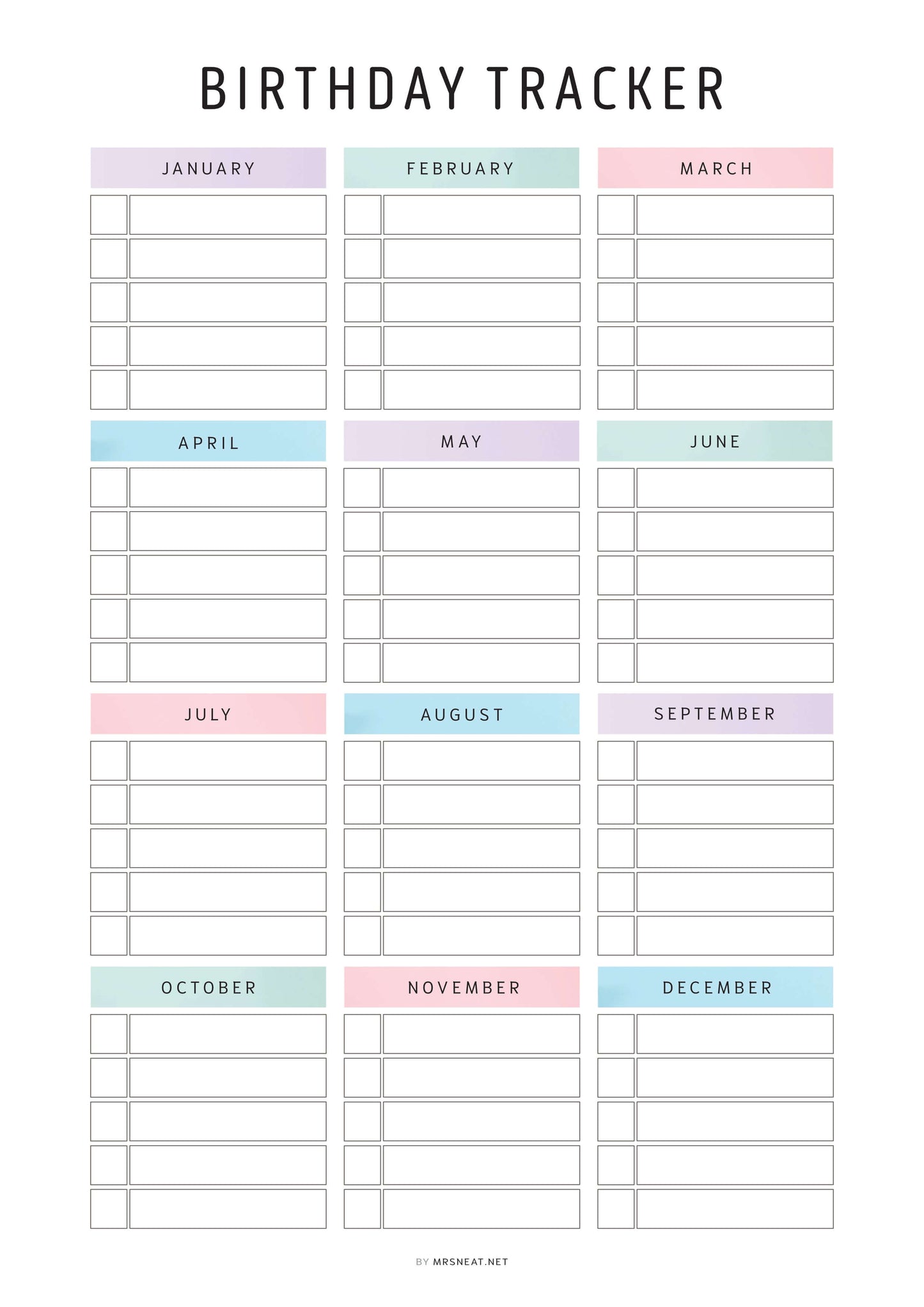 Colorful Birthday Tracker Printable, Editable PDF, 2 color options, A4 size