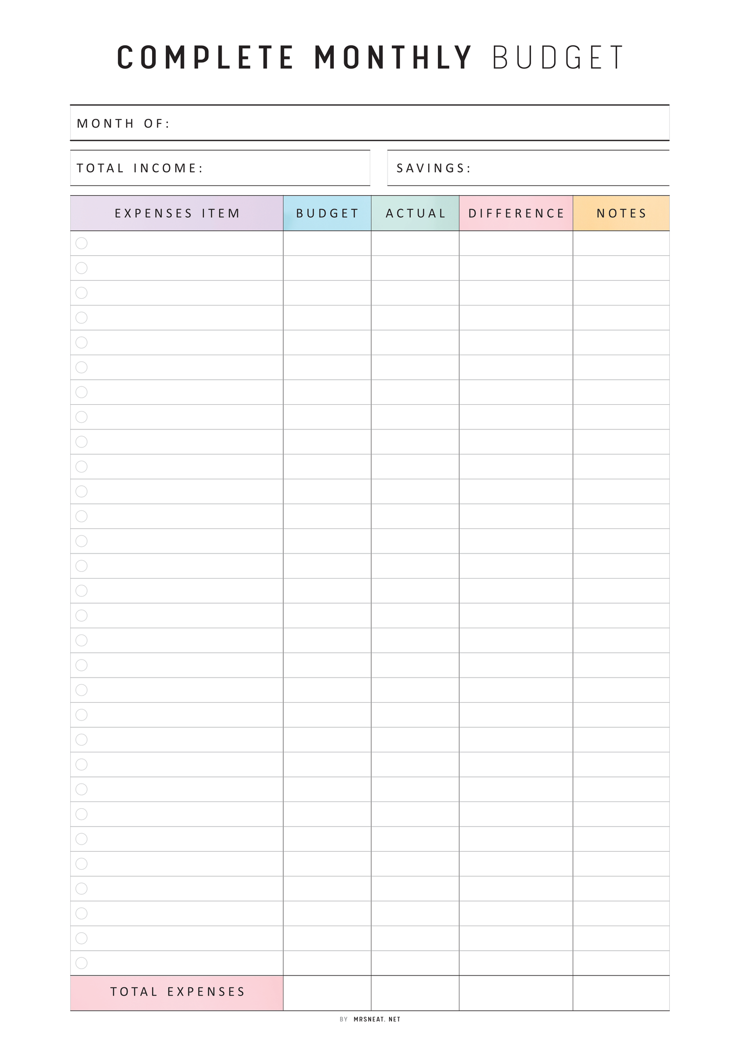 Monthly budget sheet with columns for income, savings, expenses, budget, actual, difference, and notes.