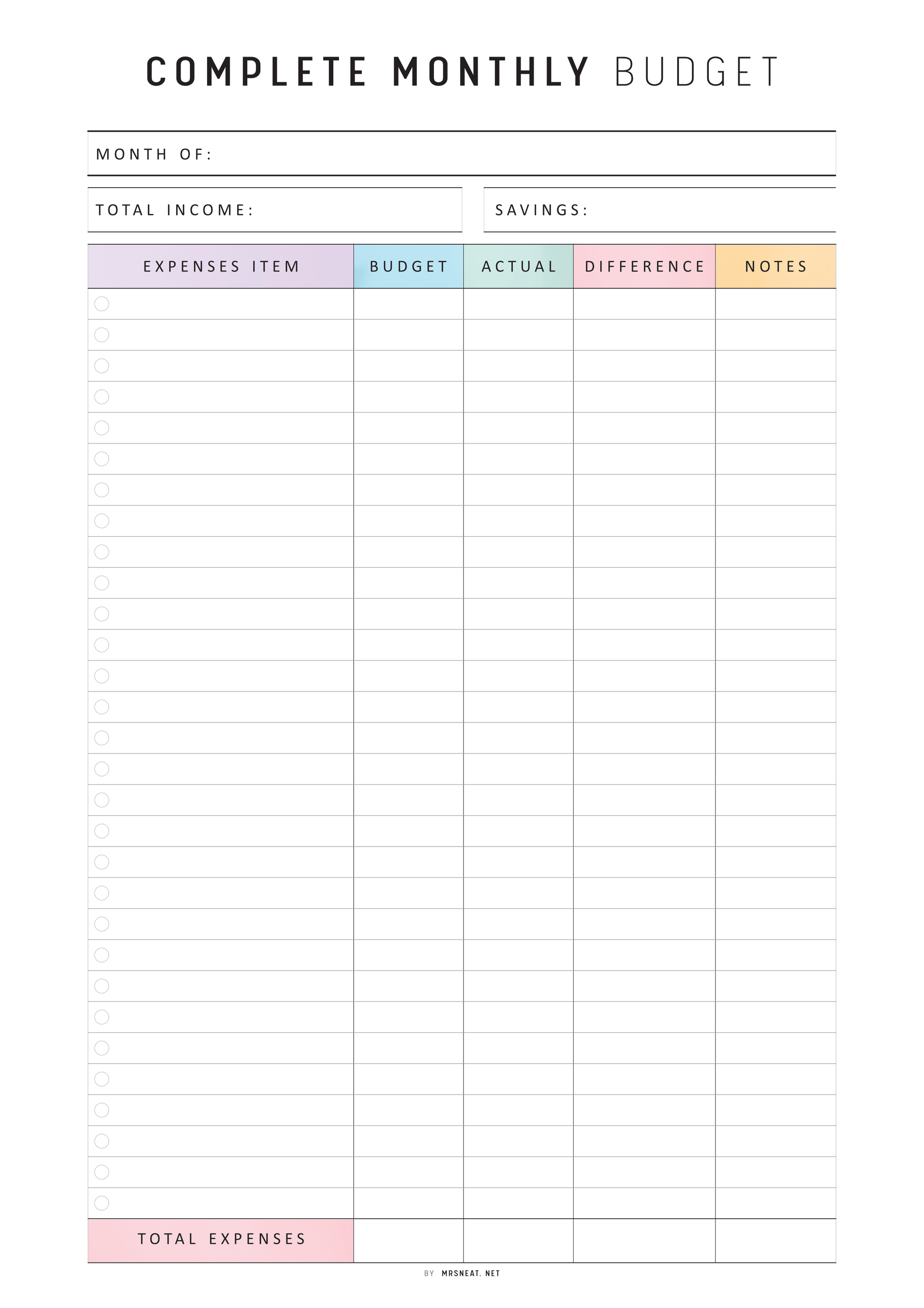 Monthly budget sheet with columns for income, savings, expenses, budget, actual, difference, and notes.