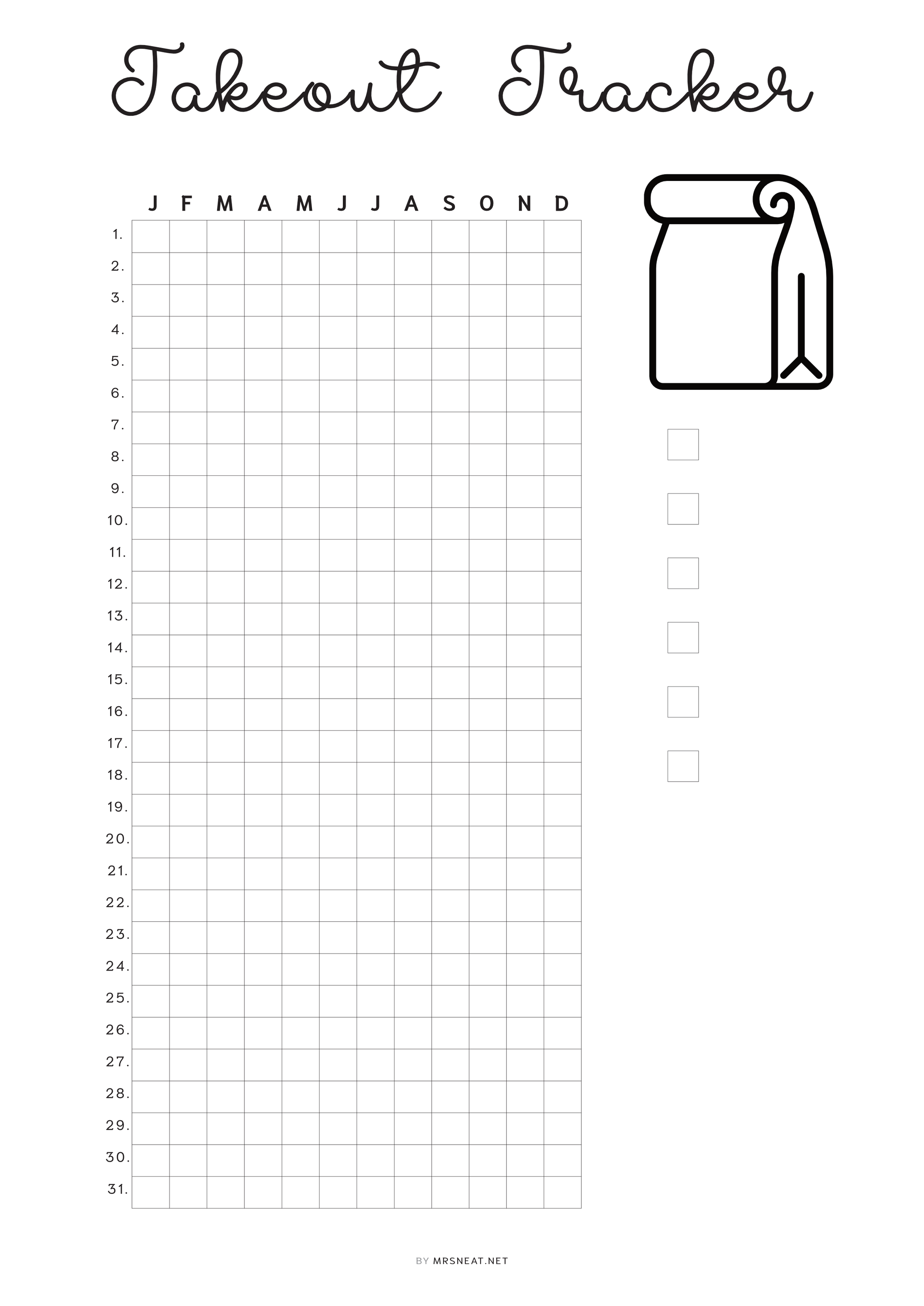 Takeout Tracker Printable PDF, Takeaway Tracker Template PDF, Digital Planner, Minimalist, A4, A5, Letter, Half Letter, Pre-filled, Blank