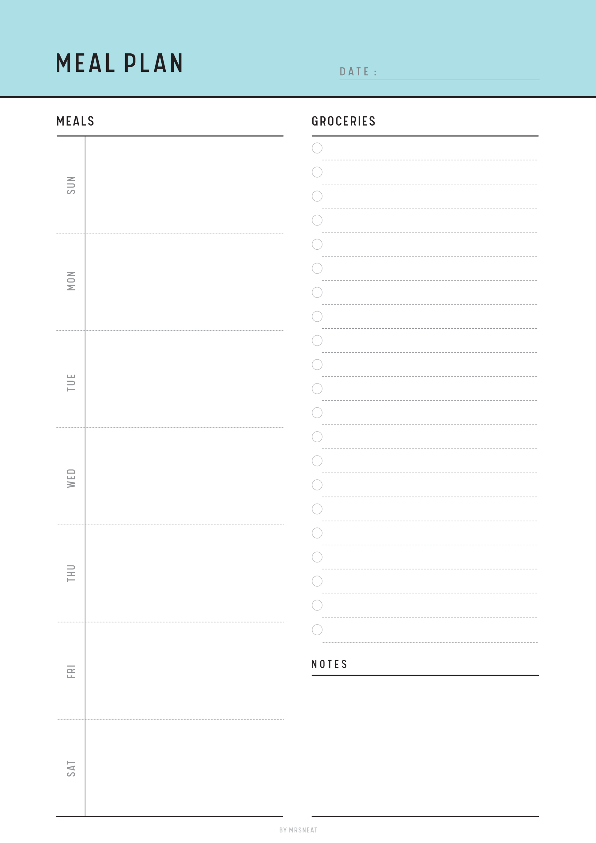 Meal plan template with columns for meals, groceries, and notes on a light blue background.