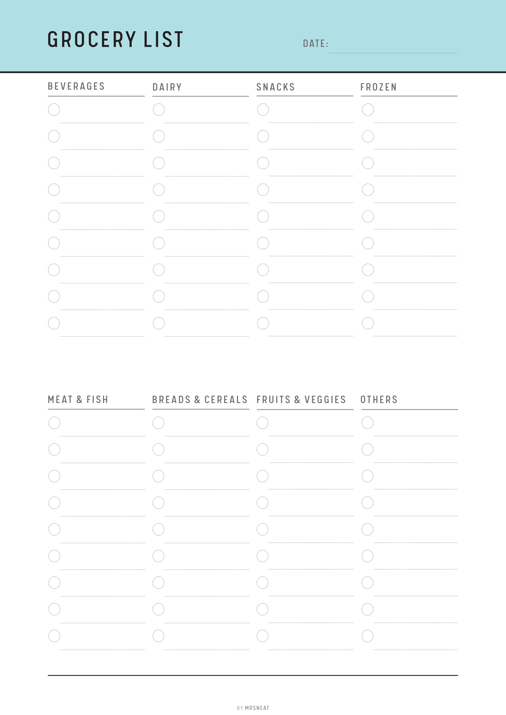 Blank grocery list template with categories at the top