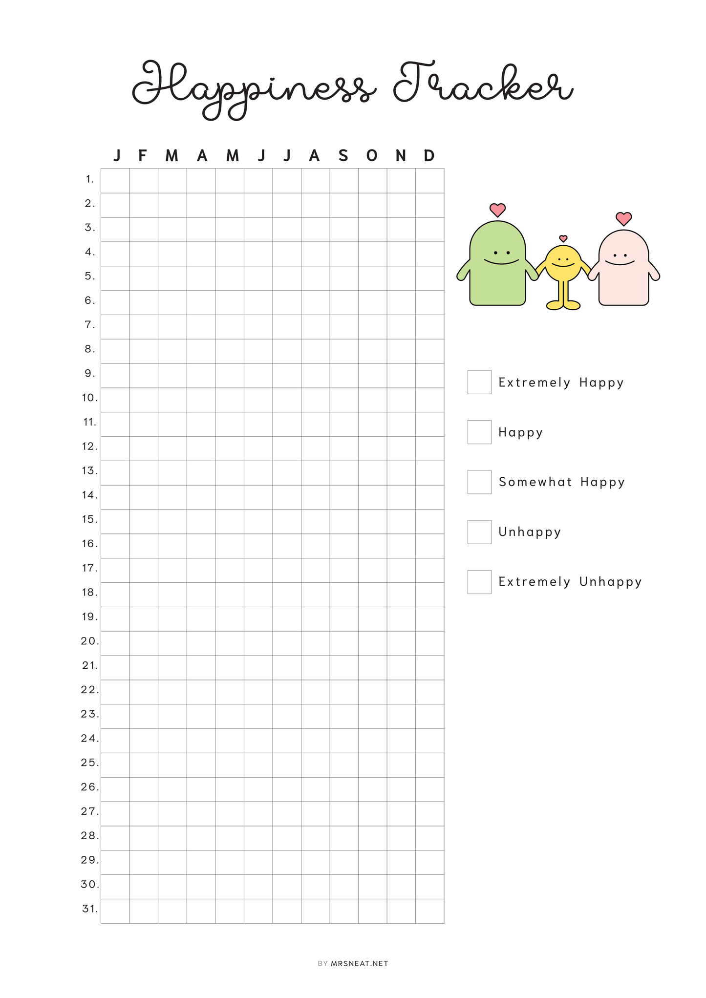 Happiness Tracker, PRINTABLE Journal Page, Planner Page, Daily Tracker, Mood Tracker, Track Mood, Track Happiness, Happy Tracker, 2 Versions, A4, A5, Letter, Half Letter, Printable Planner, Digital Planner