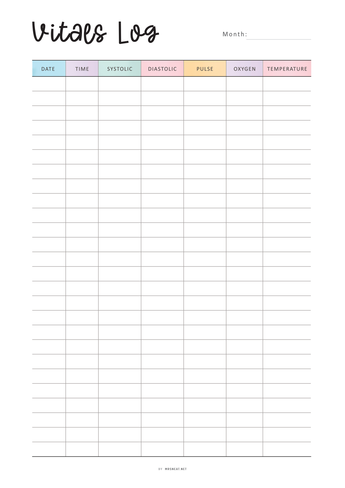 Vitals Log sheet with columns for date, time, systolic, diastolic, pulse, oxygen, and temperature.