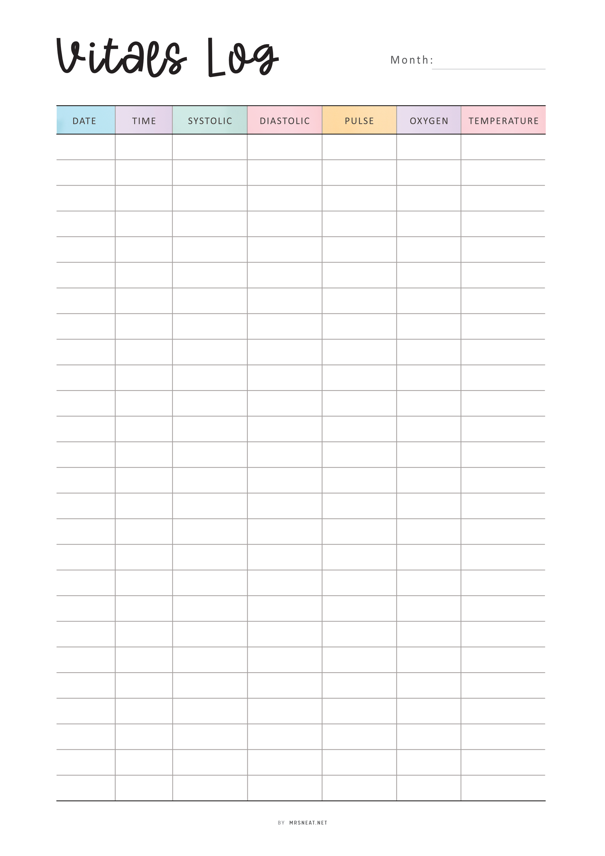 Vitals Log sheet with columns for date, time, systolic, diastolic, pulse, oxygen, and temperature.