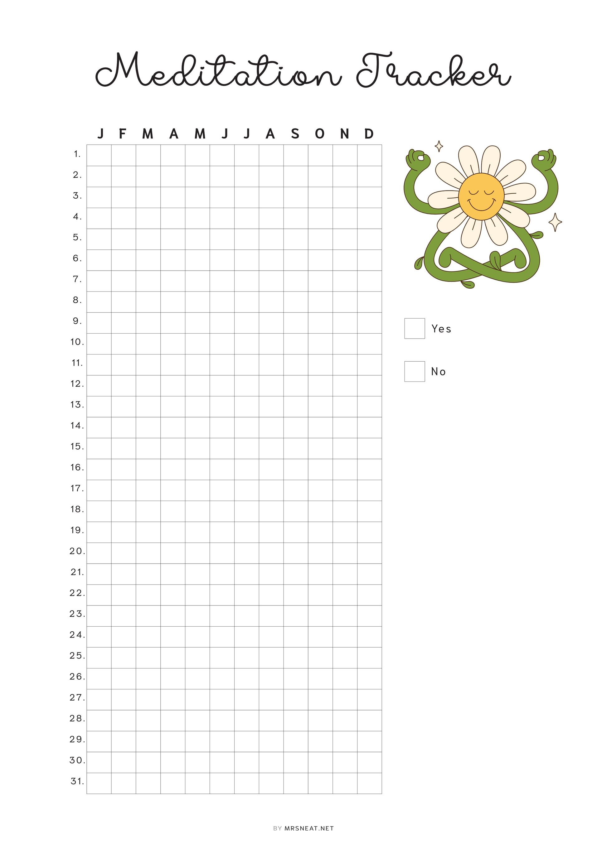 Meditation Tracker Yearly, PRINTABLE Journal Page, Track Fitness, Track Health, Track Meditating, Meditate Tracker, Daily Meditation, 2 Versions, A4, A5, Letter, Half Letter, PDF, Digital Planner, Printable Planner