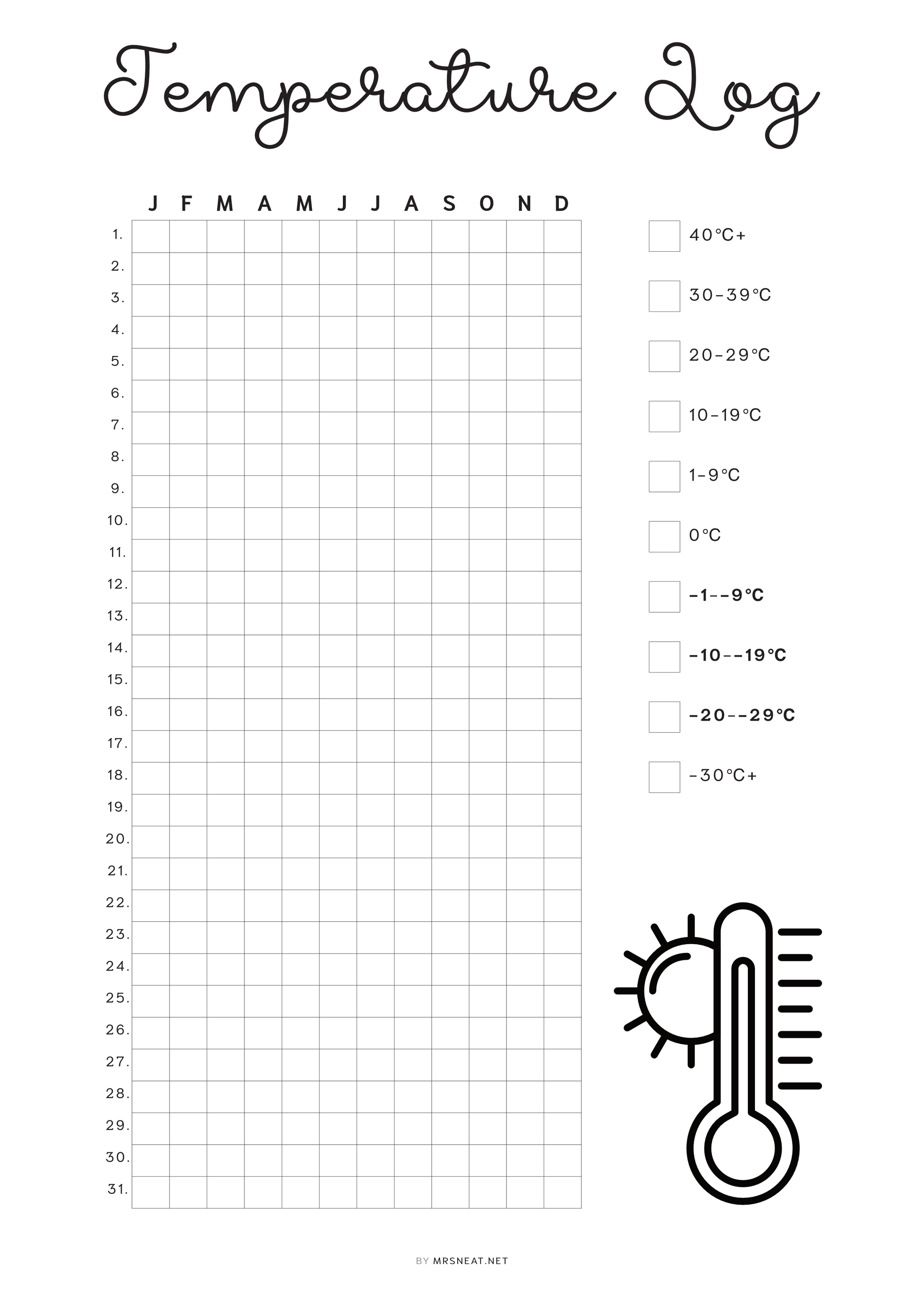 Temperature Log Template Printable PDF, Fahrenheit, Celsius temperature log, Minimalist Planner, Digital Planner, A4, A5, Letter, Half Letter